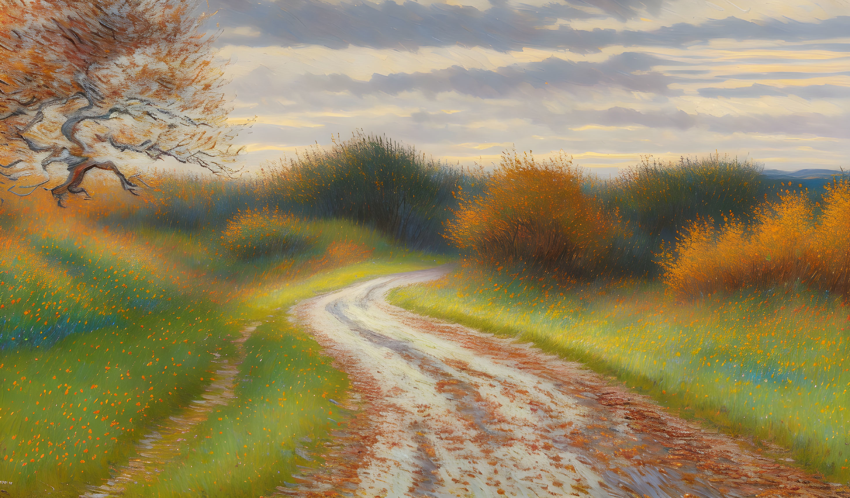 Vibrant painting of rural path in autumnal fields with twisted tree.