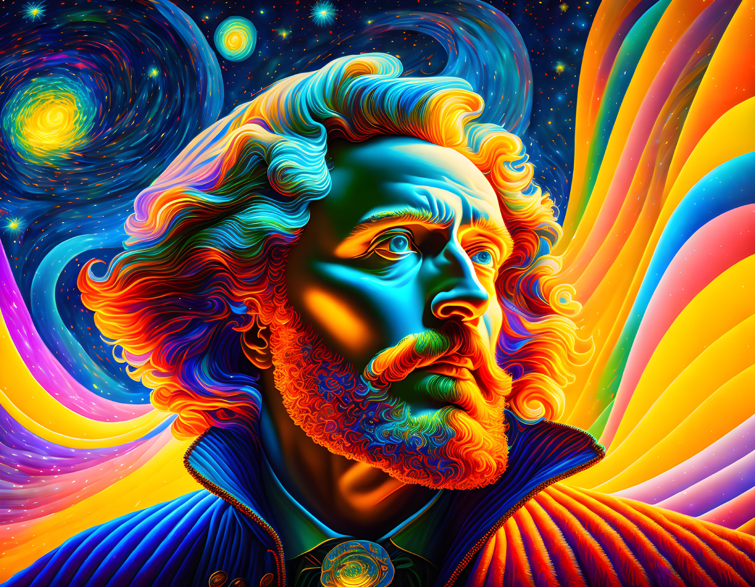 Colorful portrait of a man with flowing curls in cosmic setting