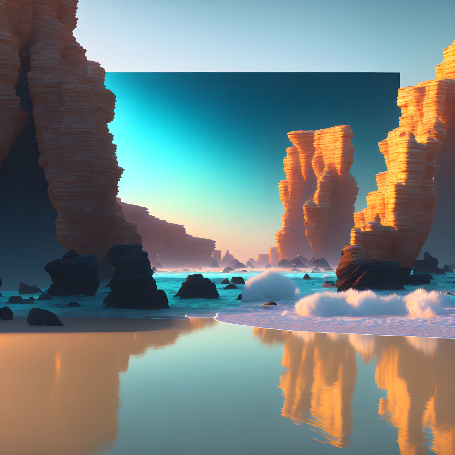 Surreal landscape with towering orange rock formations and misty waters