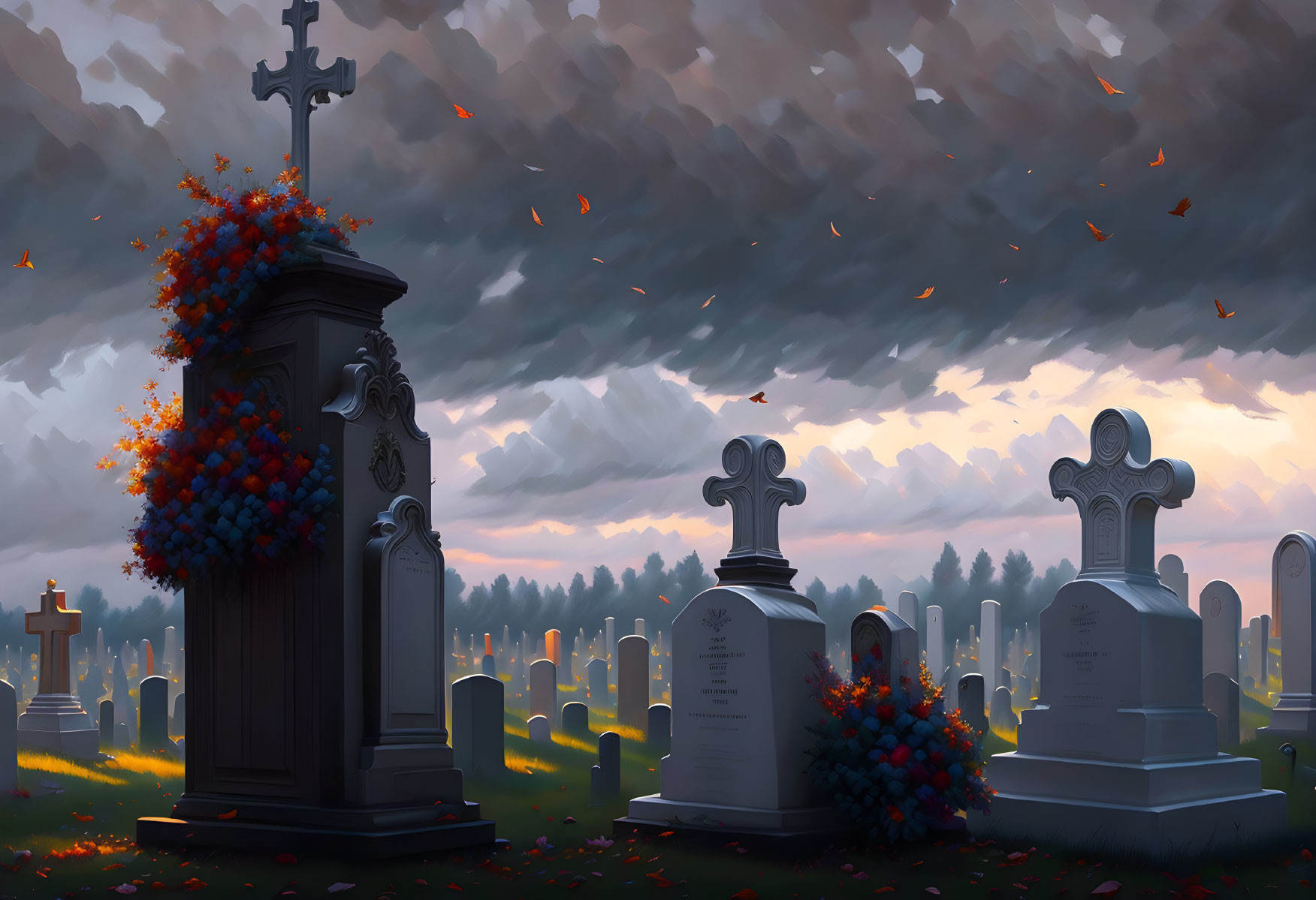 Serene Cemetery Painting with Ornate Tombstones and Orange Flowers