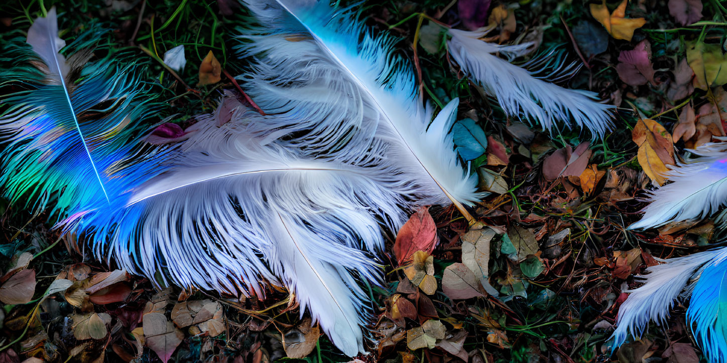 Colorful peacock feathers with autumn leaves on the ground