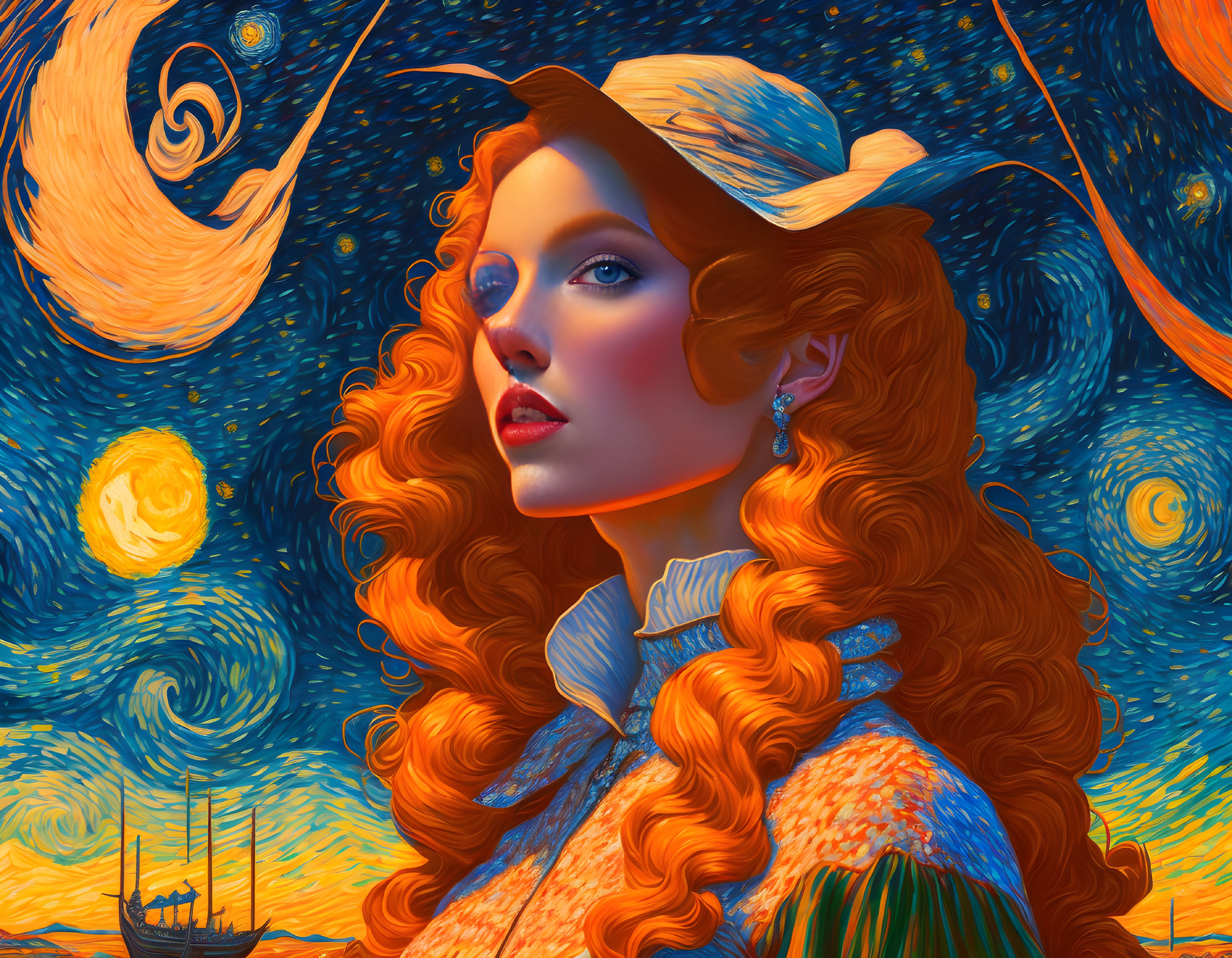 Stylized portrait of woman with red hair in hat against starry night sky