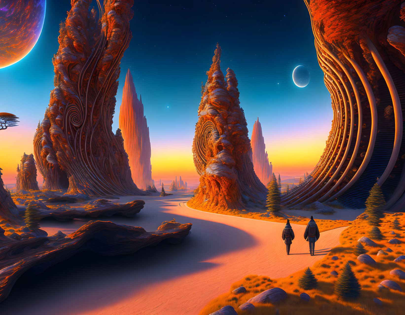 Alien desert landscape with two figures and towering rock formations