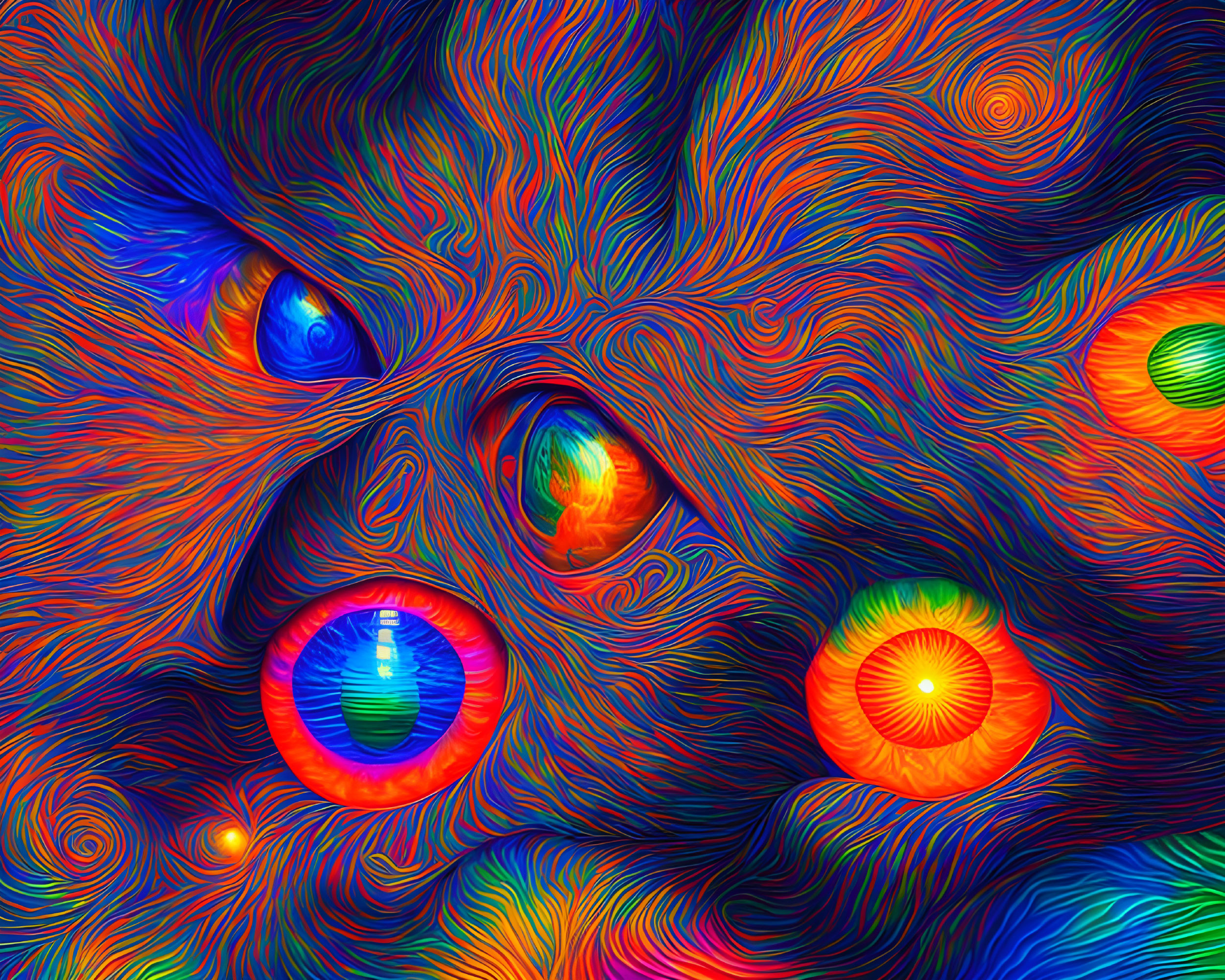 Colorful Psychedelic Digital Artwork with Eye-Like Orbs in Blue, Red, and