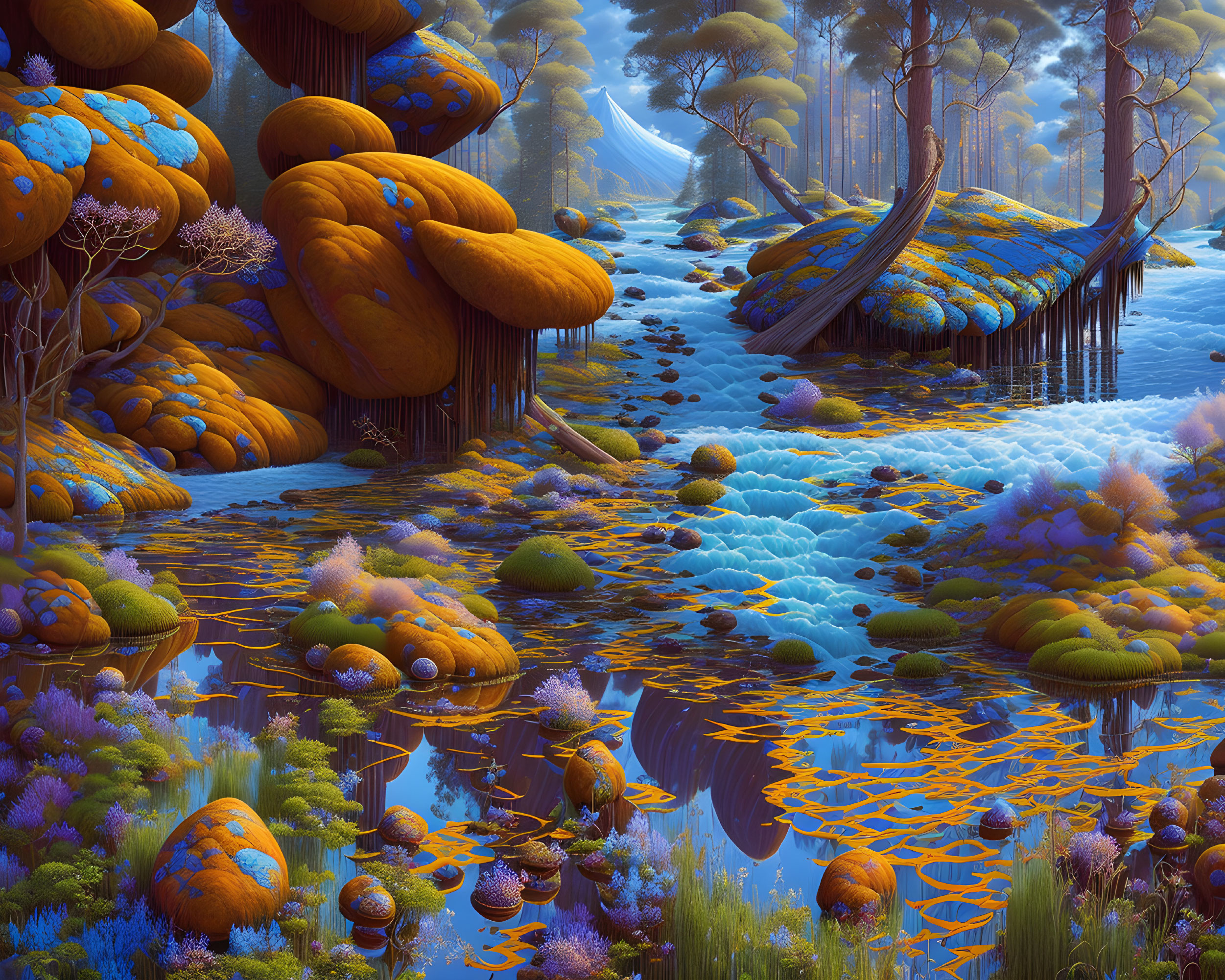 Fantastical landscape with oversized orange mushrooms in blue foliage