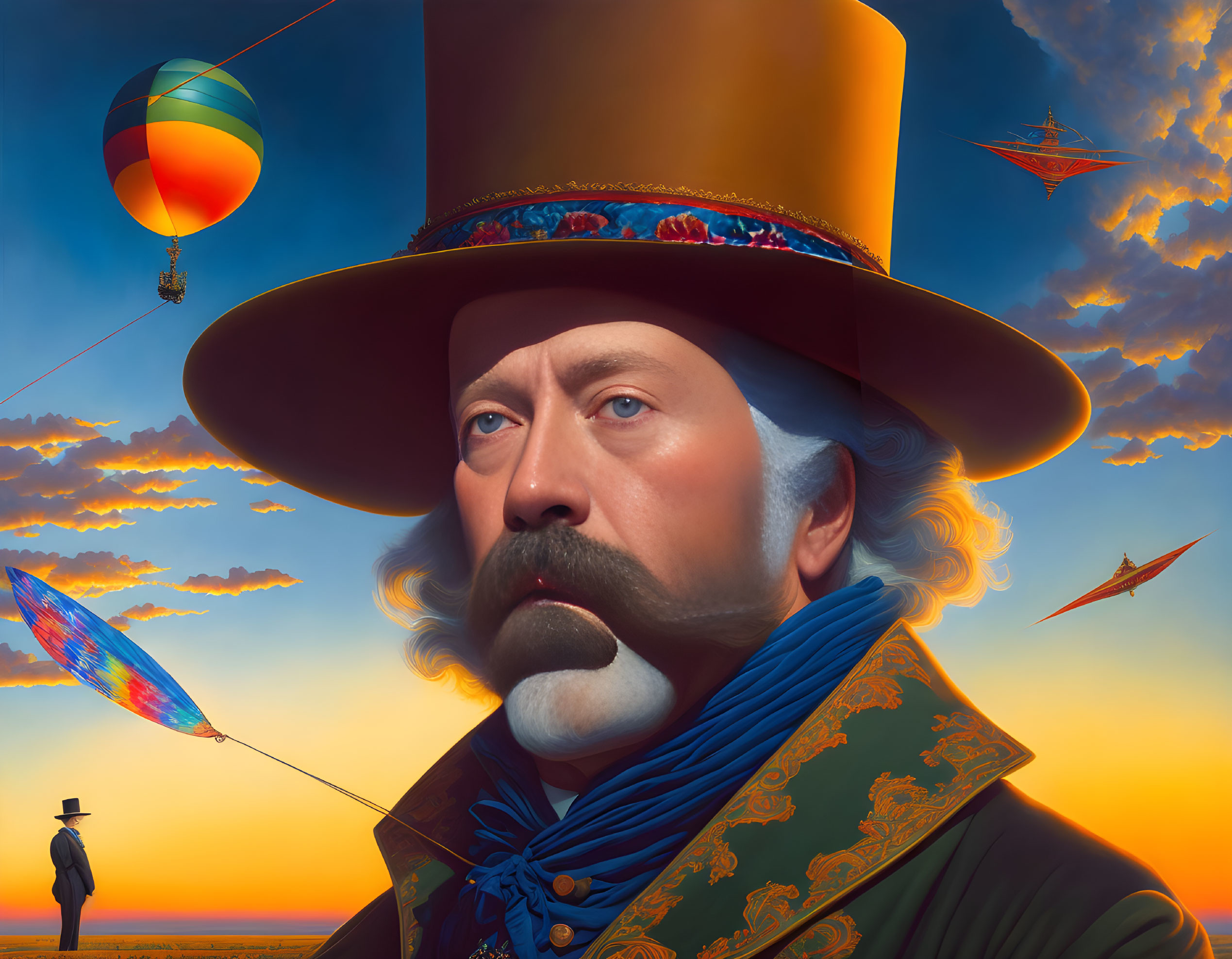 Man with Mustache and Top Hat in Surreal Sky with Hot Air Balloons