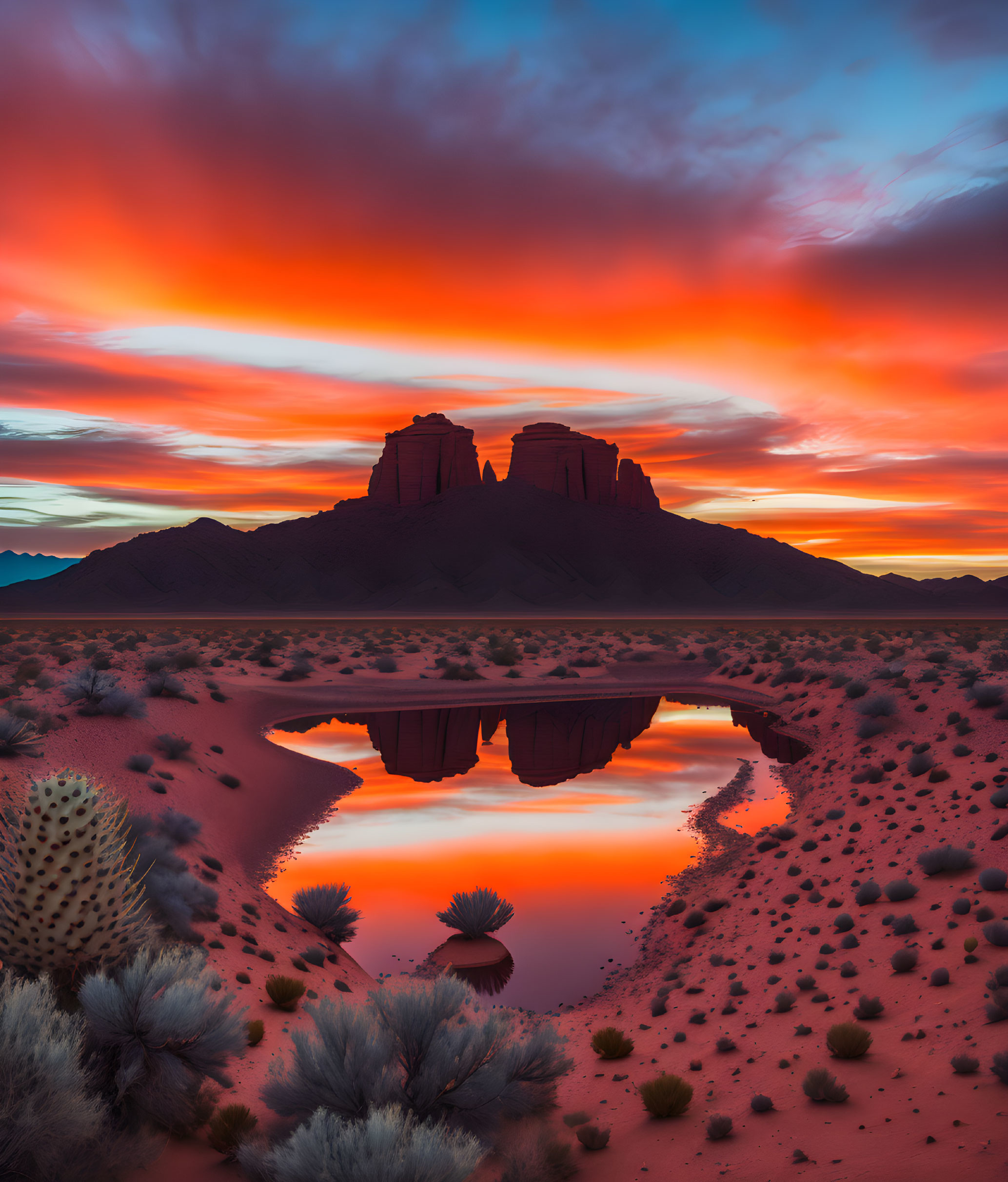 Vibrant desert sunset over water with silhouetted rocks & vegetation