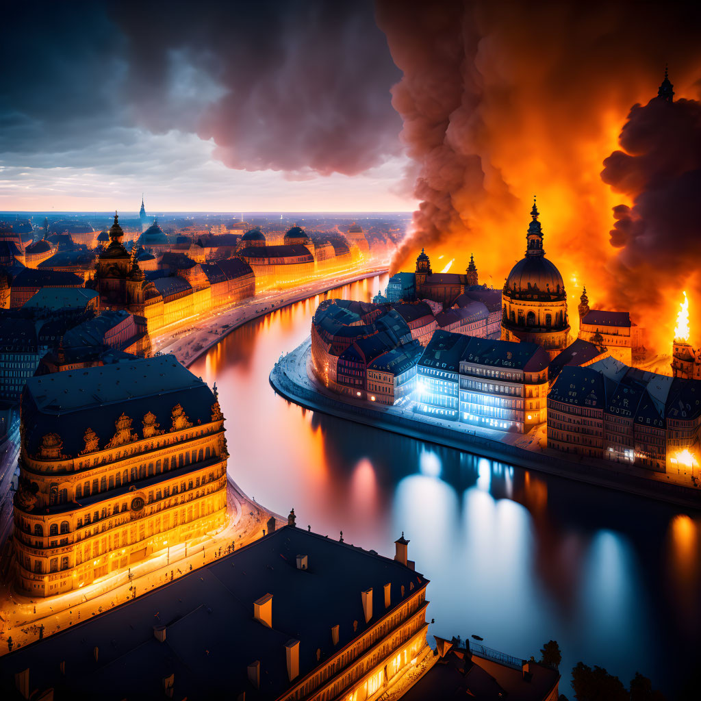 Fiery Sky Contrasts Peaceful Cityscape at Twilight