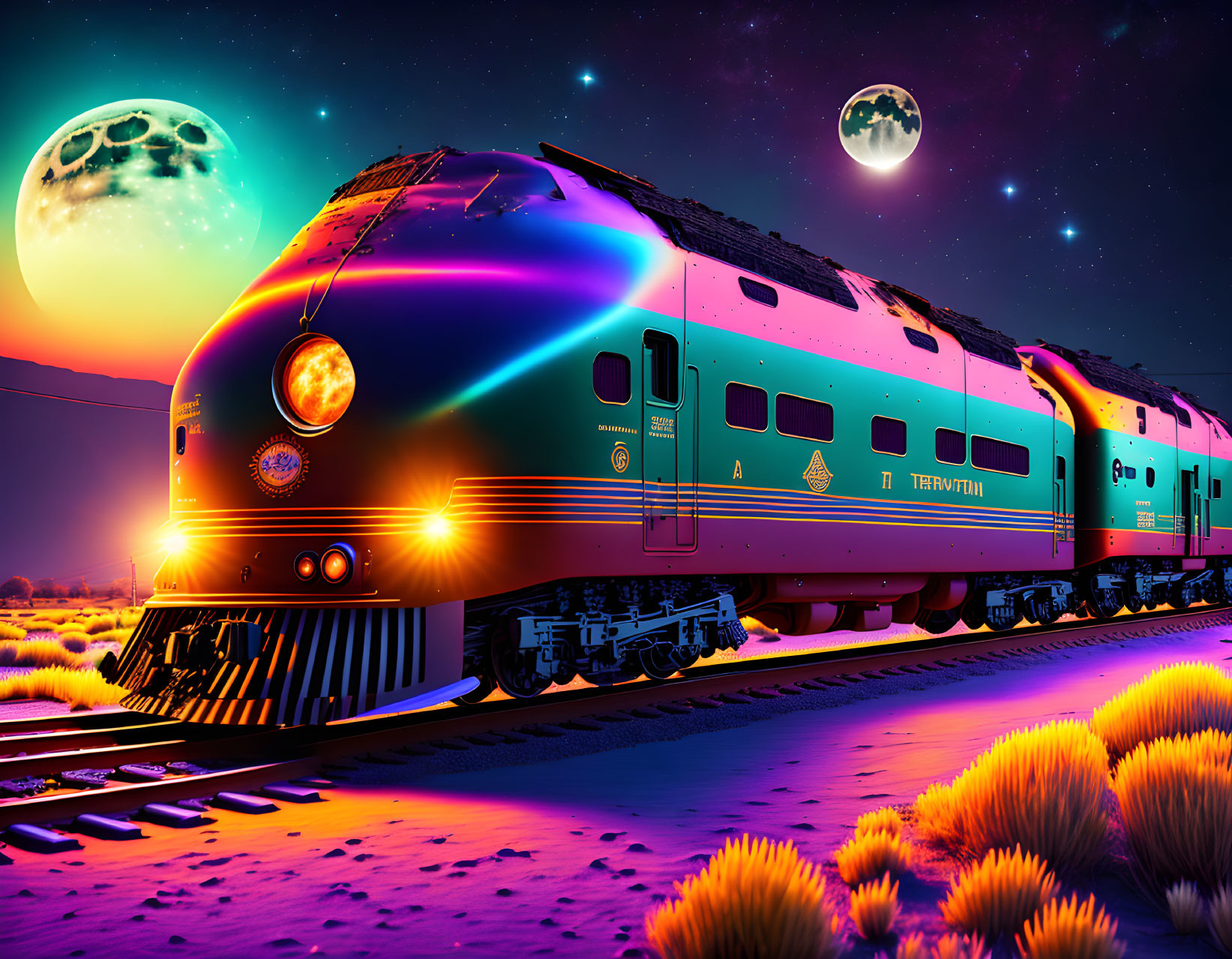 Futuristic train with neon highlights in fantastical landscape