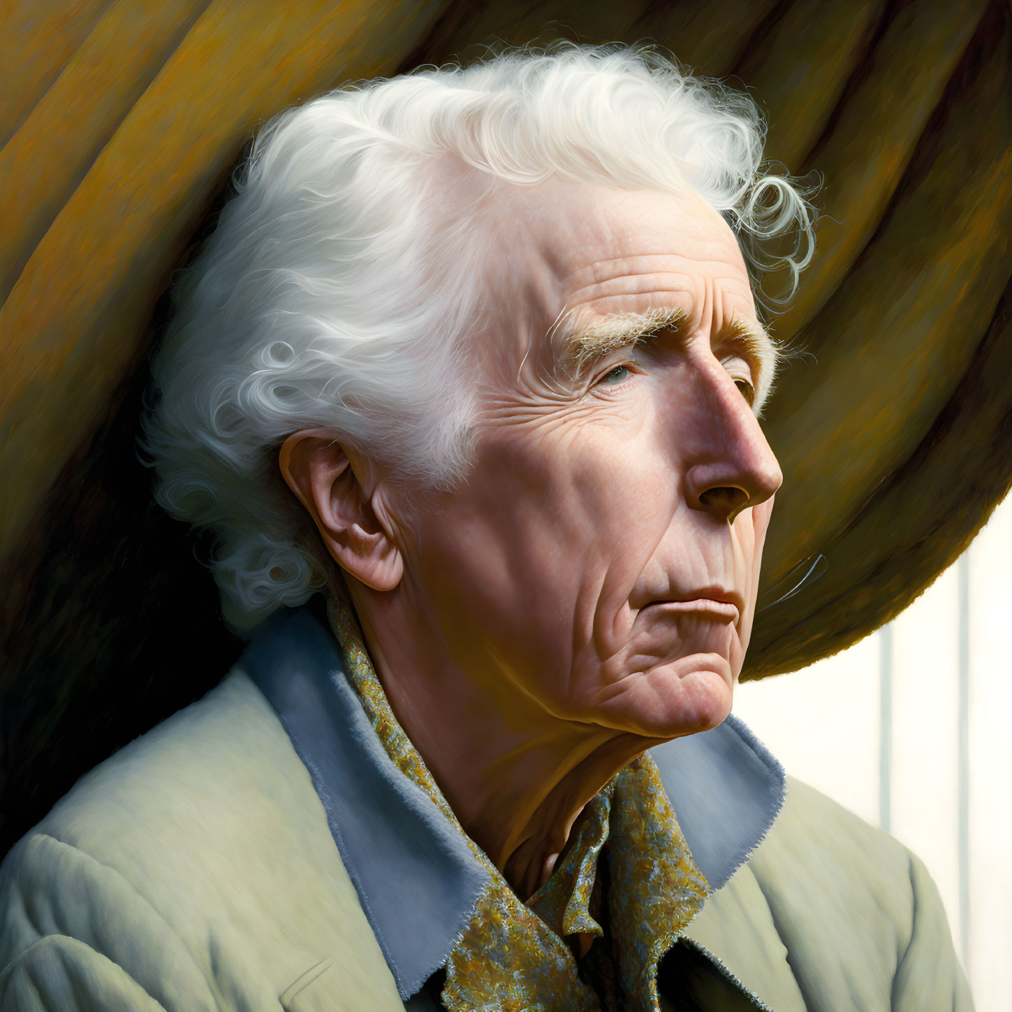 Elderly man digital portrait with white hair and coat