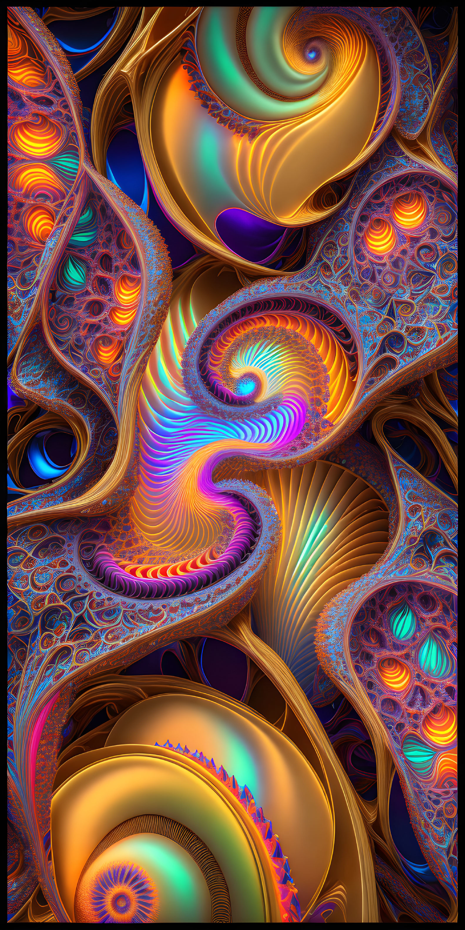 Colorful Fractal Image with Swirling Patterns in Orange, Blue, Purple, and Gold