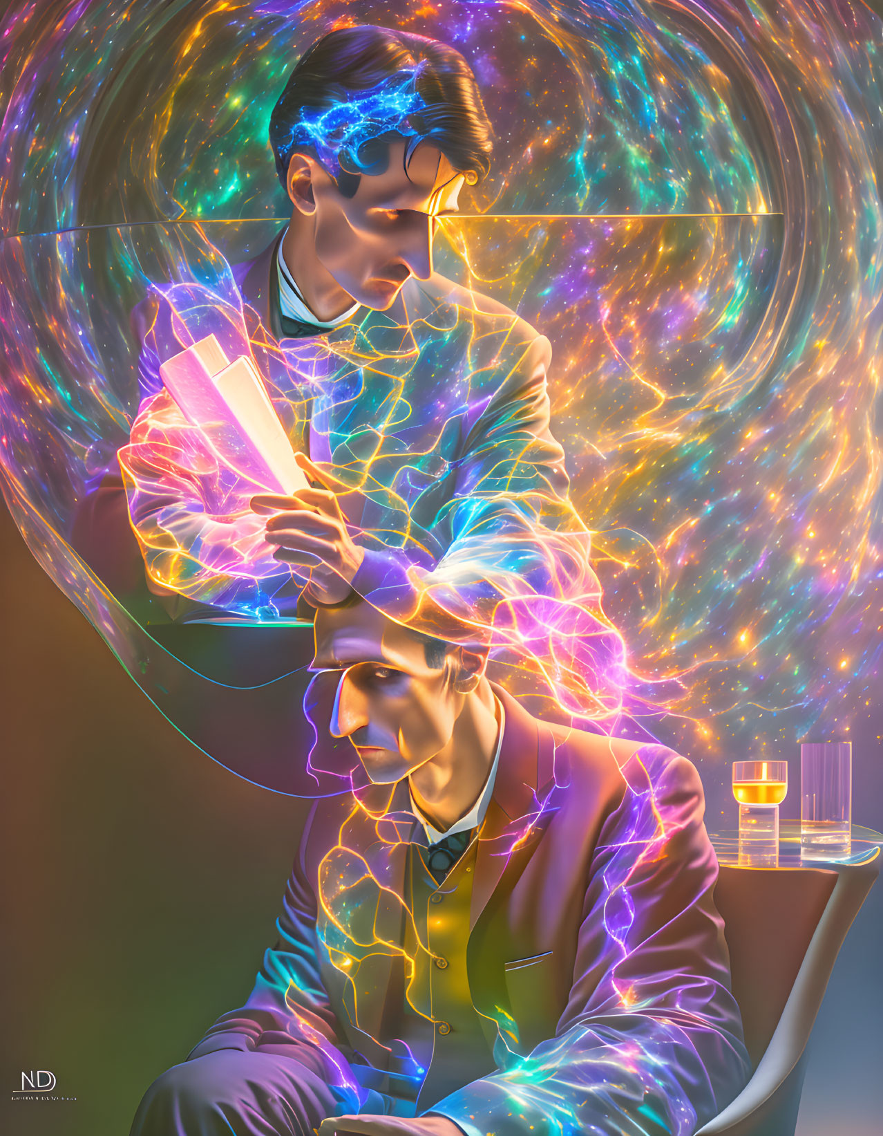 Colorful Digital Artwork: Man Reading with Neon Cosmic Brain Activity