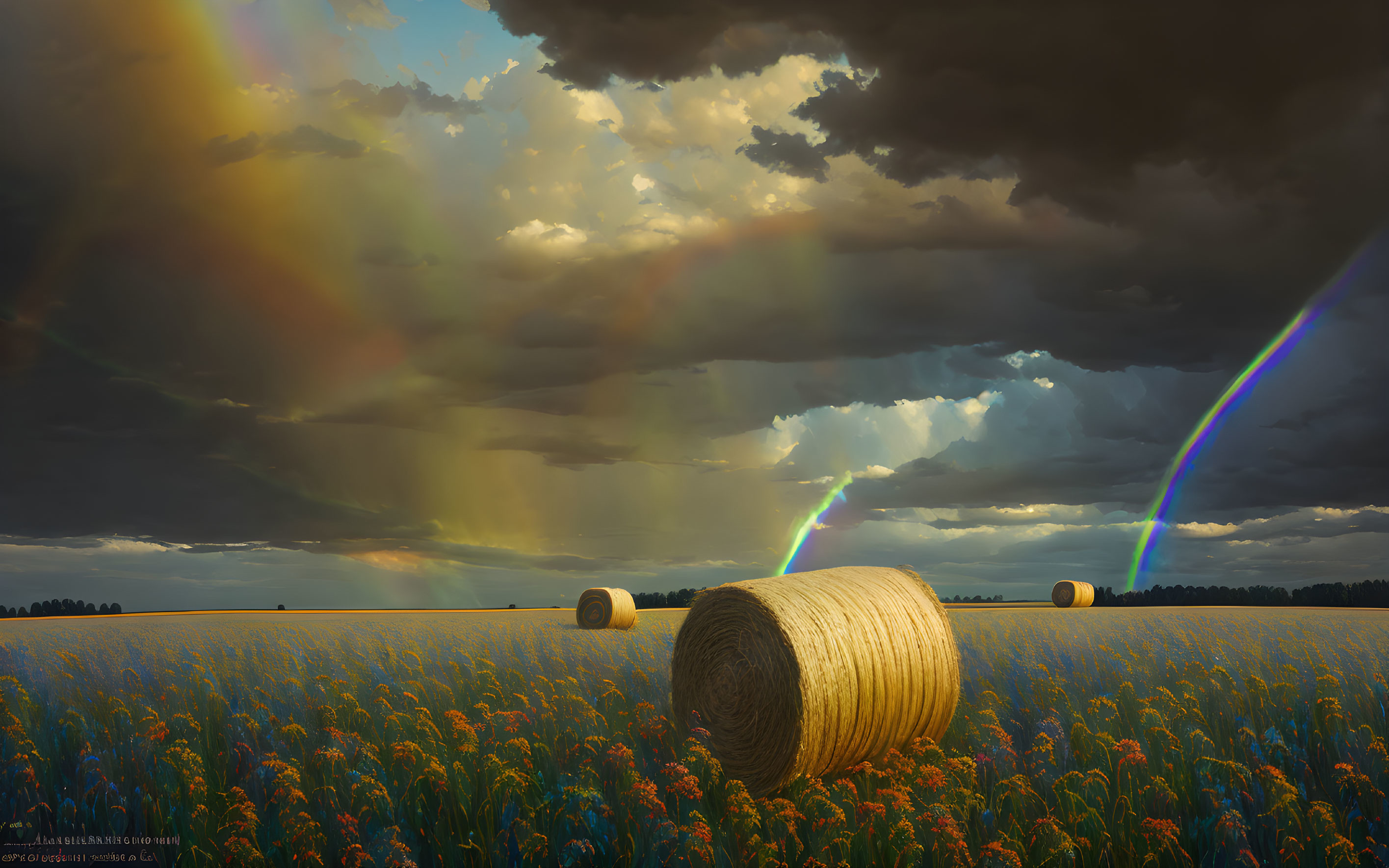 Vibrant rainbow over golden hay bales in scenic field