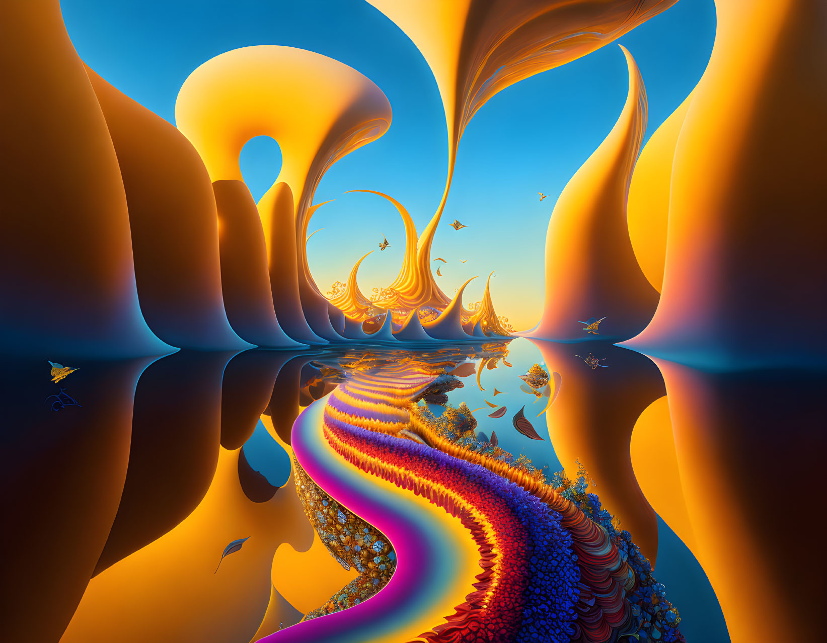 Colorful Fractal Landscape with Birds and Sun Reflection