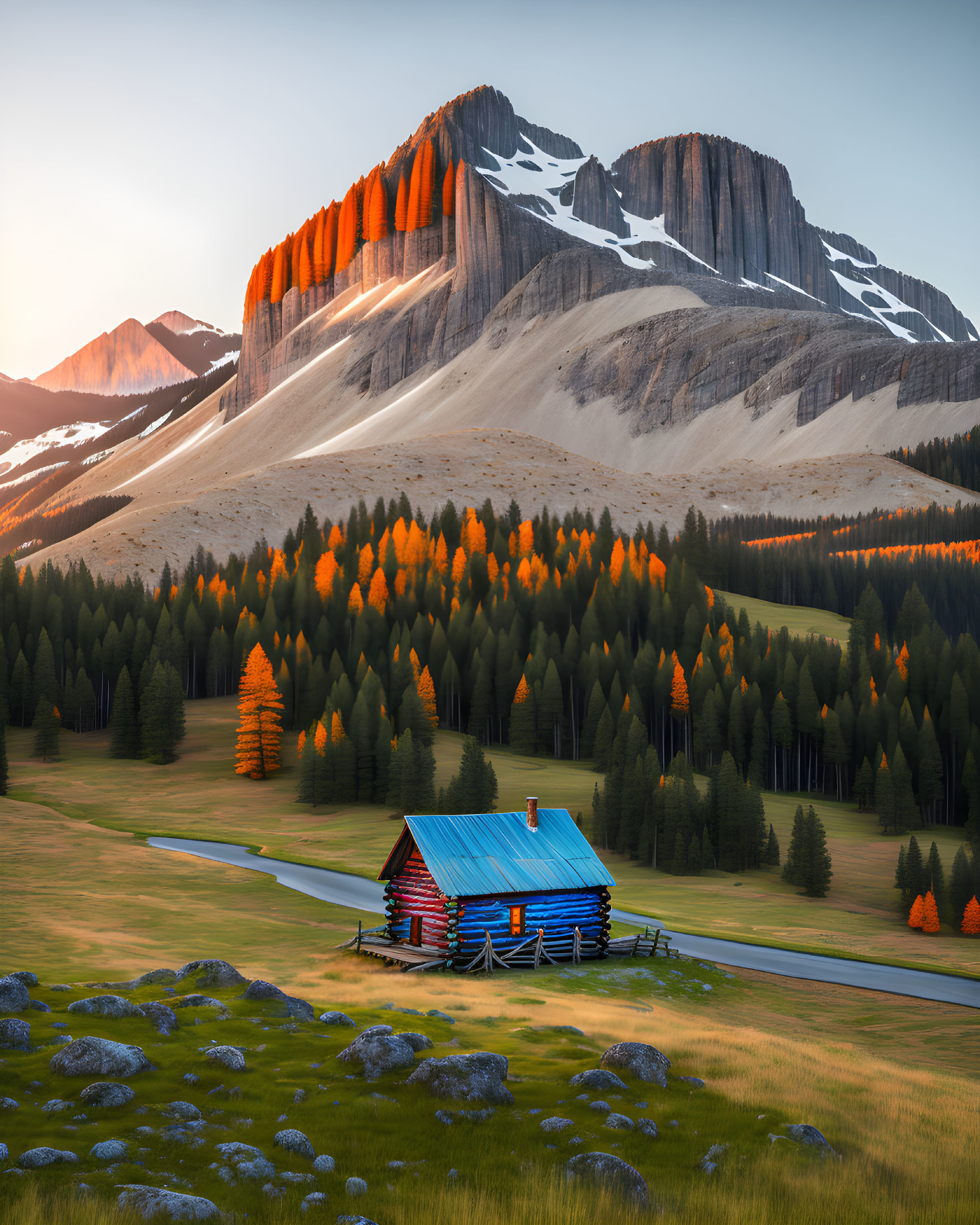 Vibrant sunset over mountain cabin in autumn landscape