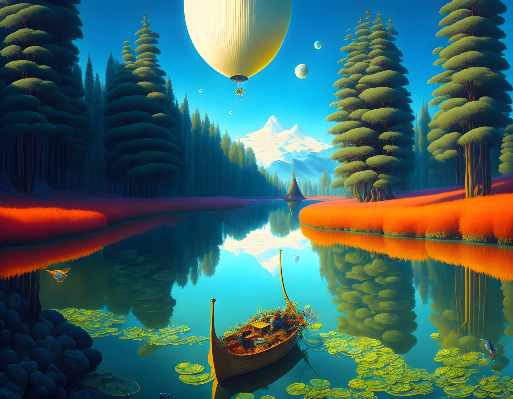 Tranquil landscape with hot air balloon, river, trees, mountains, blue sky