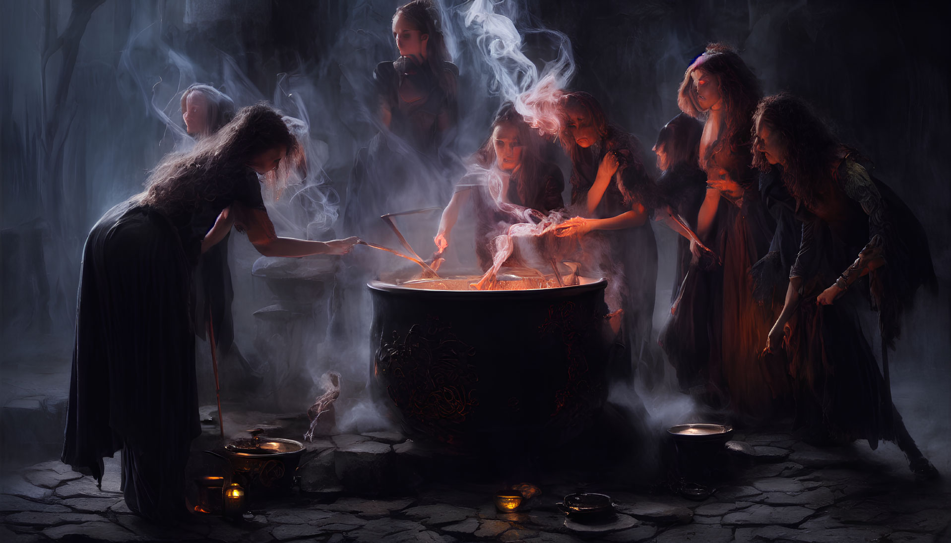 Women performing mystical ritual around cauldron in dimly lit setting