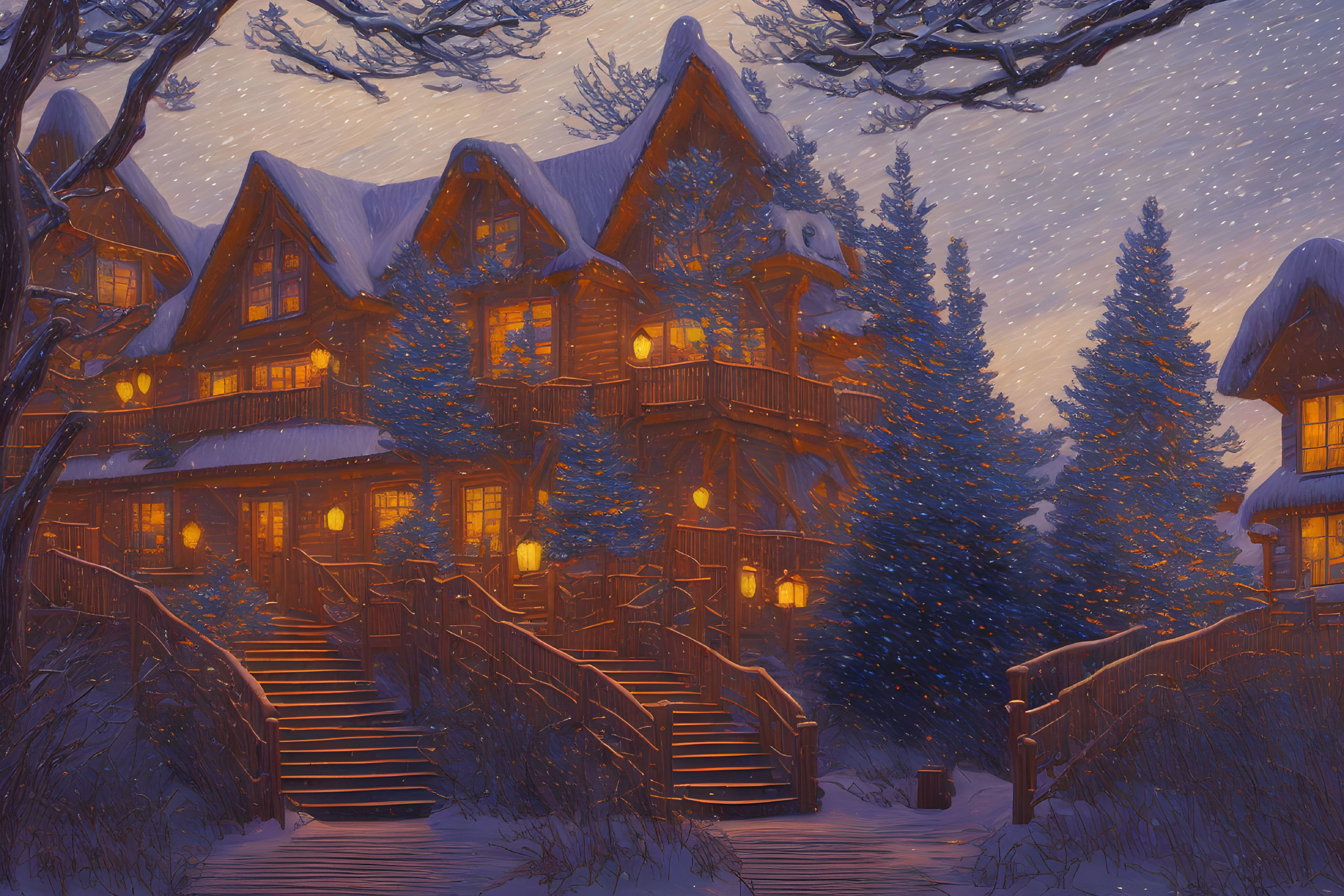 Snow-covered log cabin in twilight snowfall