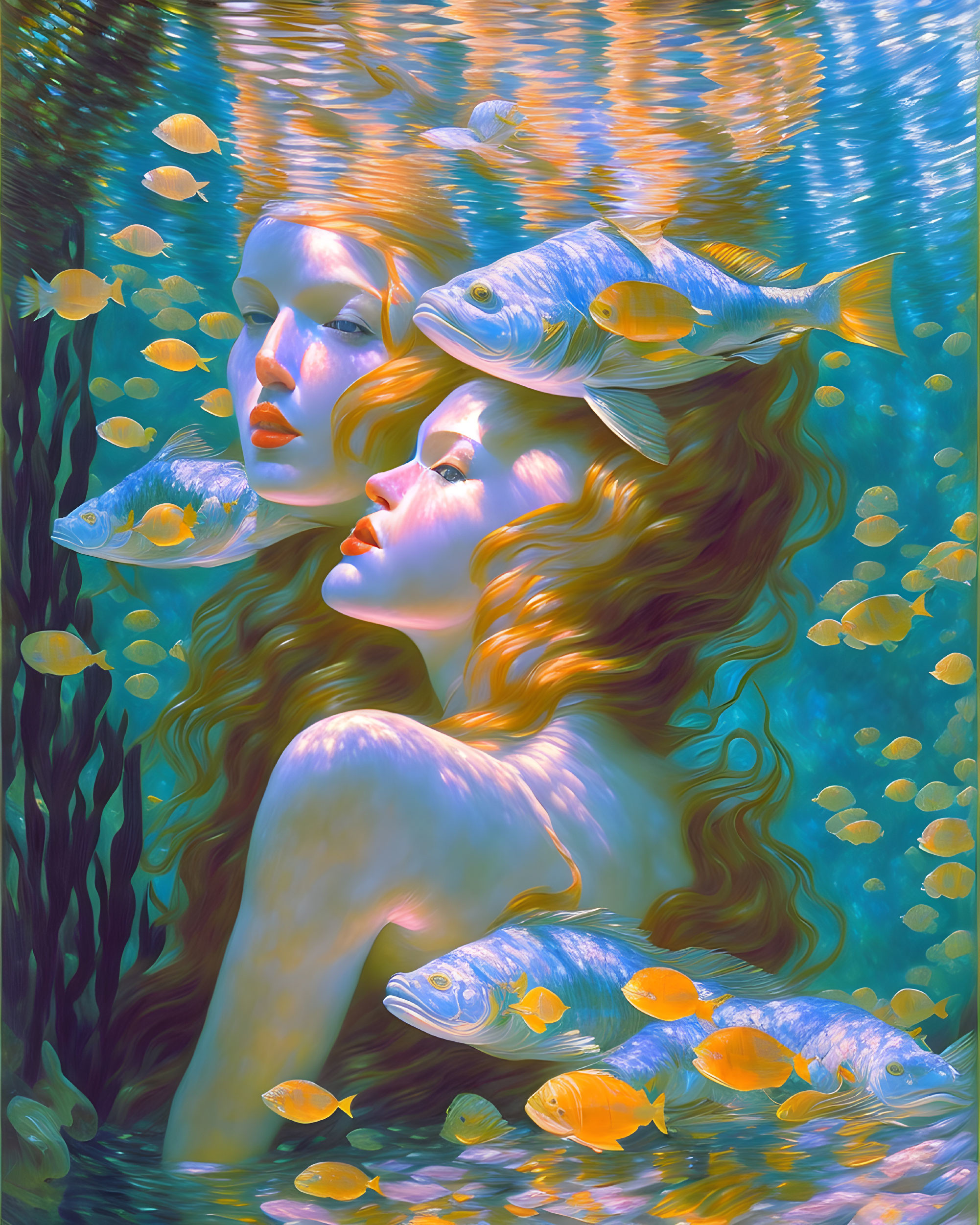 Underwater scene: Women with flowing hair and serene expressions