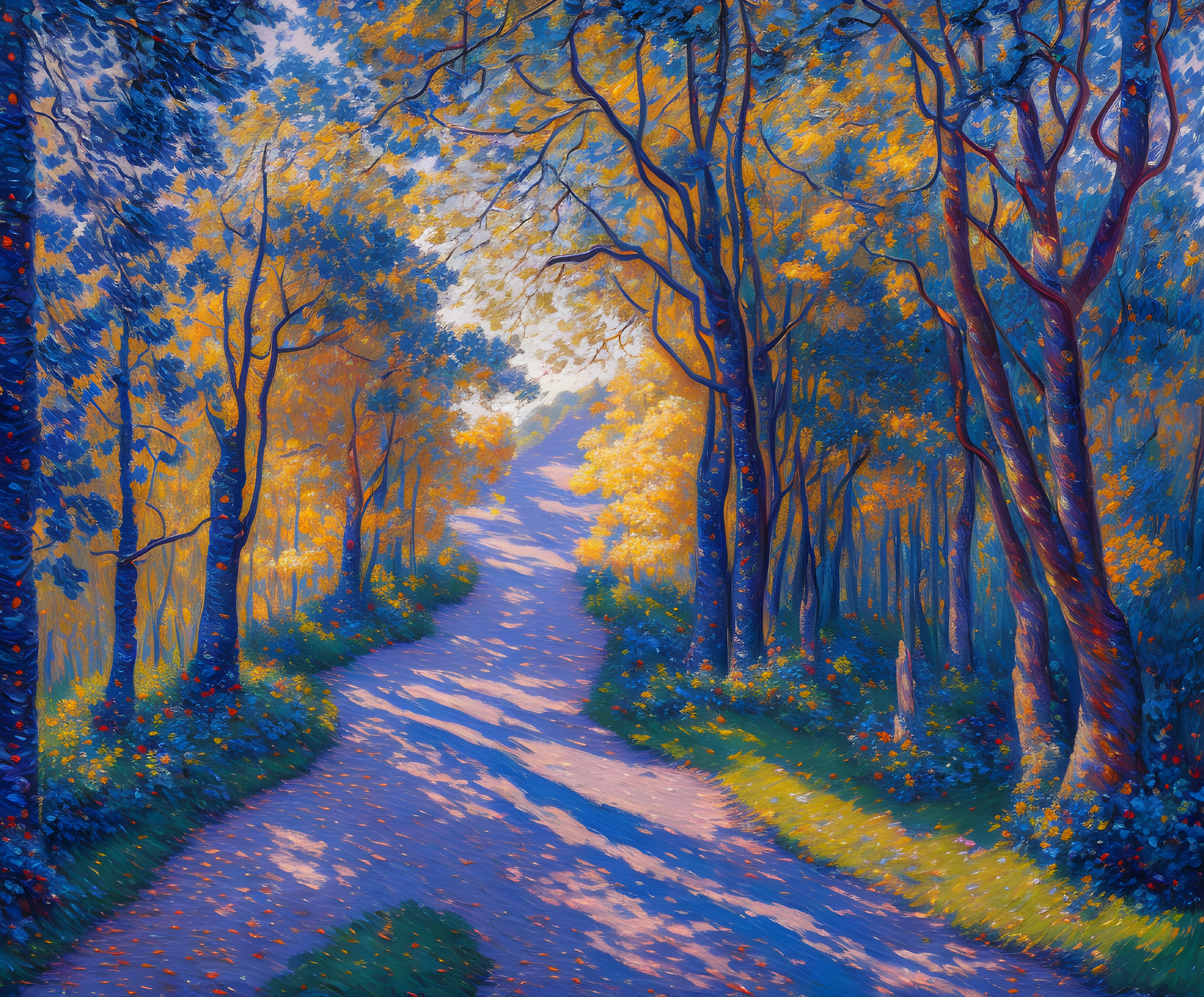 Colorful forest path with dappled sunlight and shadows