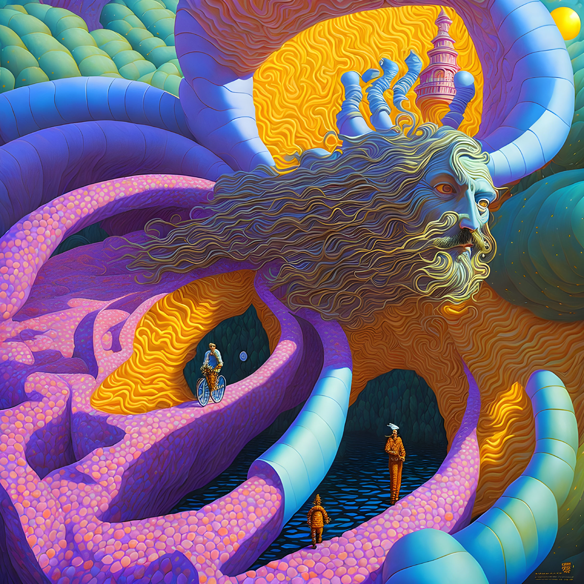 Psychedelic landscape with giant face, flowing hair, surreal architecture, and contemplative figures