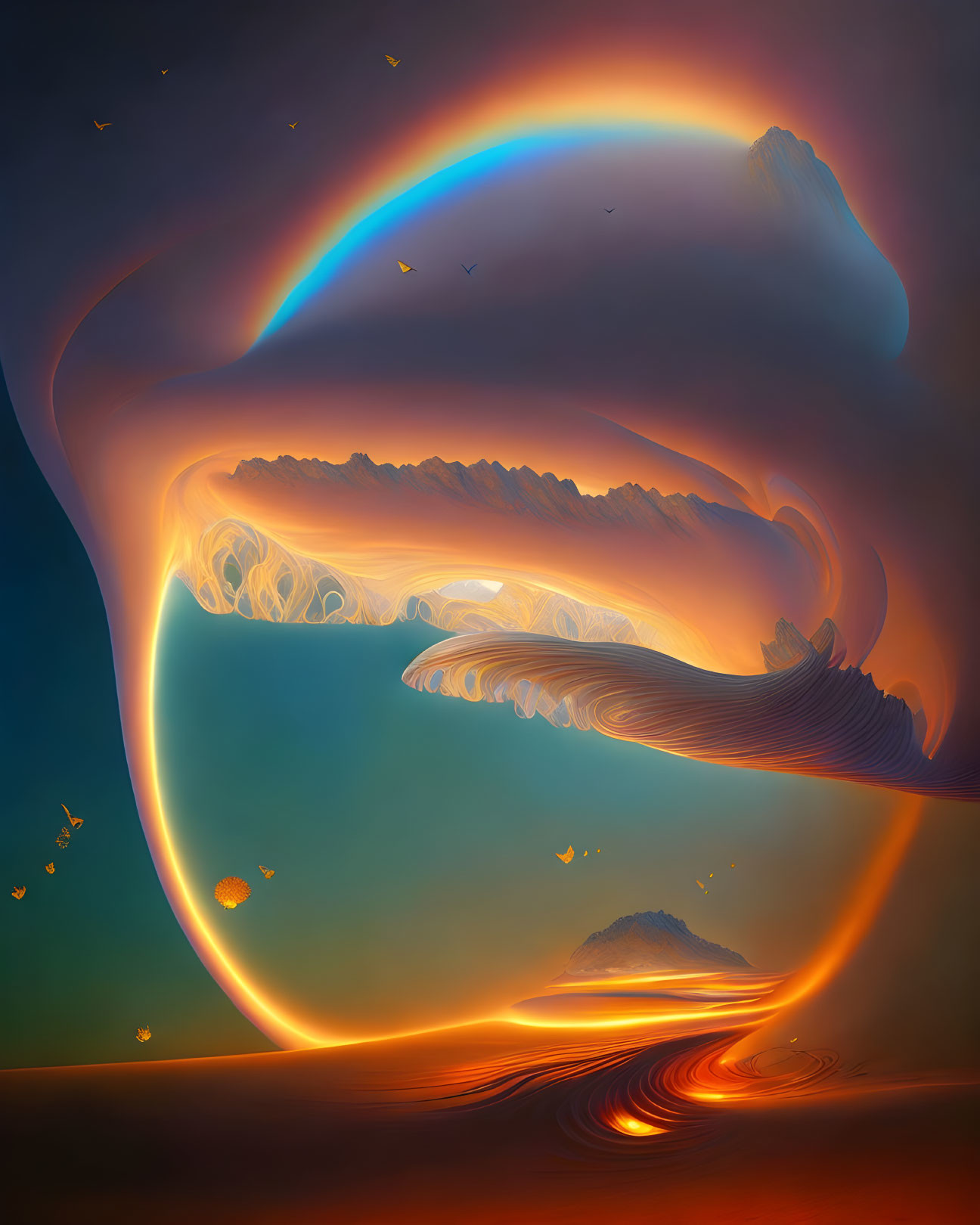 Surreal digital art: fiery wave over serene mountain landscape