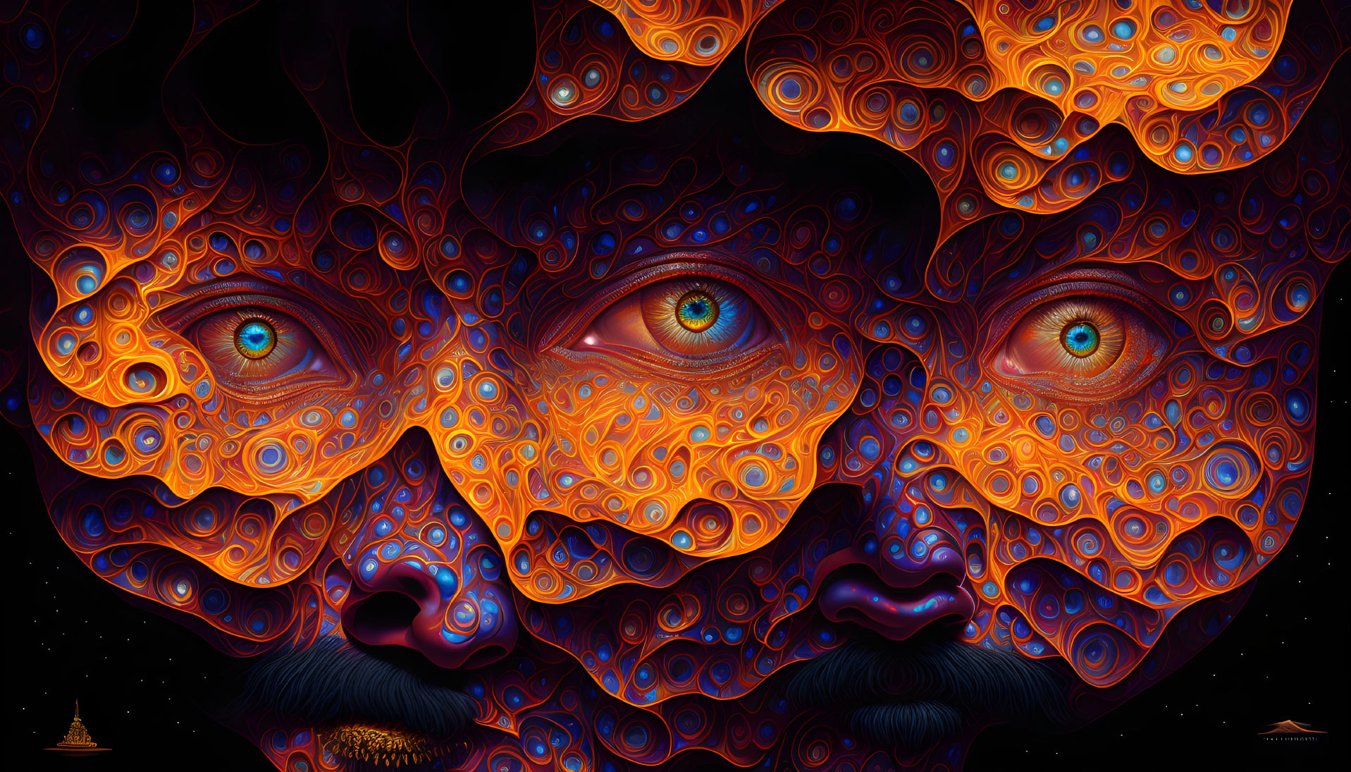 Vibrant psychedelic art: Two faces merge in swirling patterns on starry night background