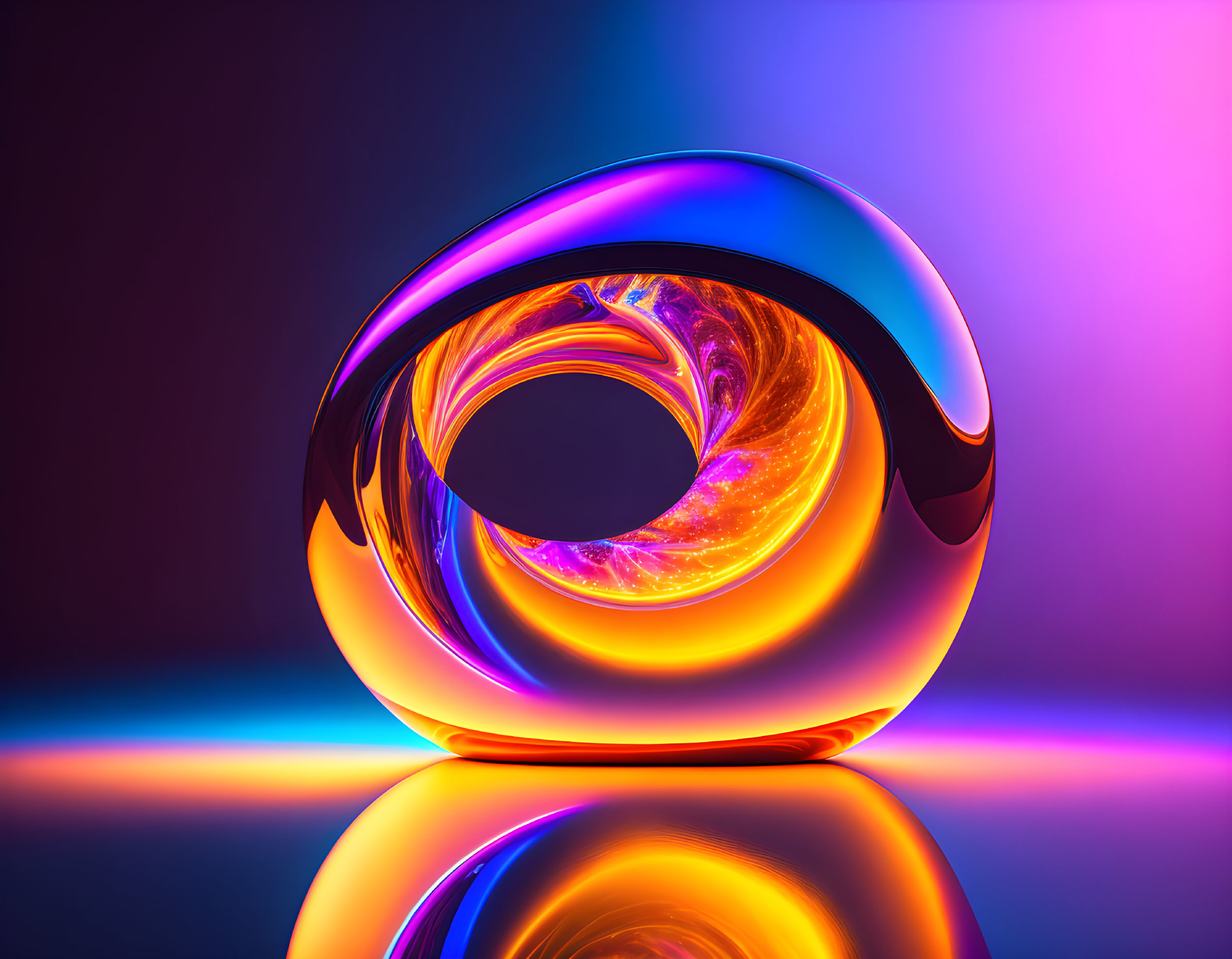 Vibrant Neon-Lit Abstract Mobius Strip with Reflective Surface