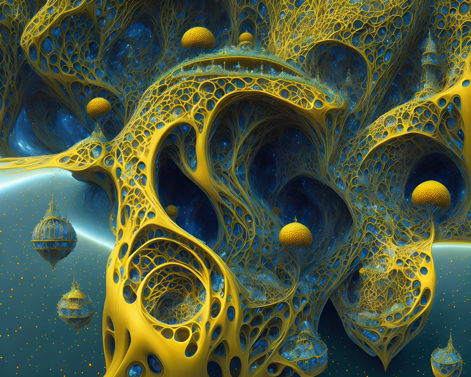 Intricate Golden Fractal Art on Blue Background