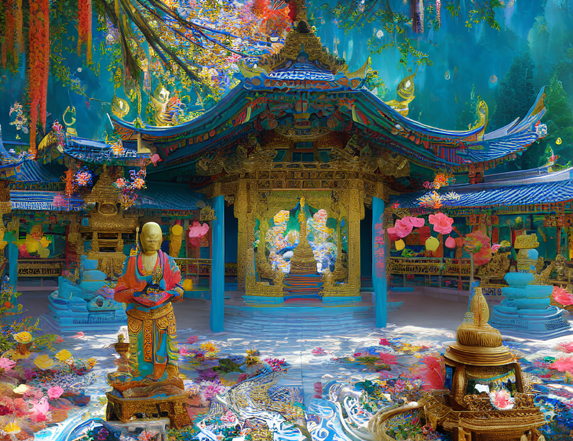 Colorful Scene: Golden Statue, Pavilion, Floral Patterns & Asian Architecture