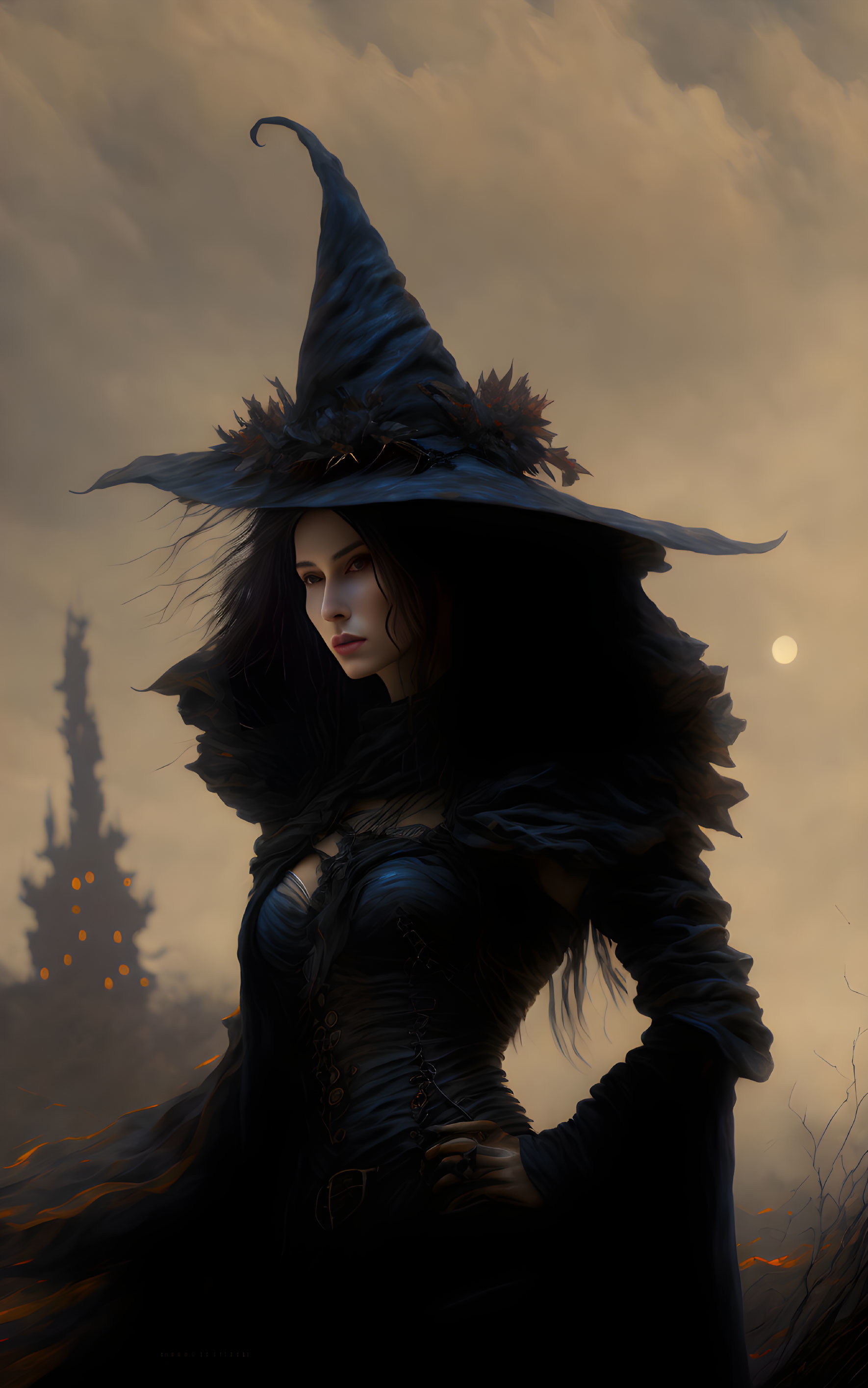 Enigmatic witch with large brimmed hat and black feathers in twilight setting