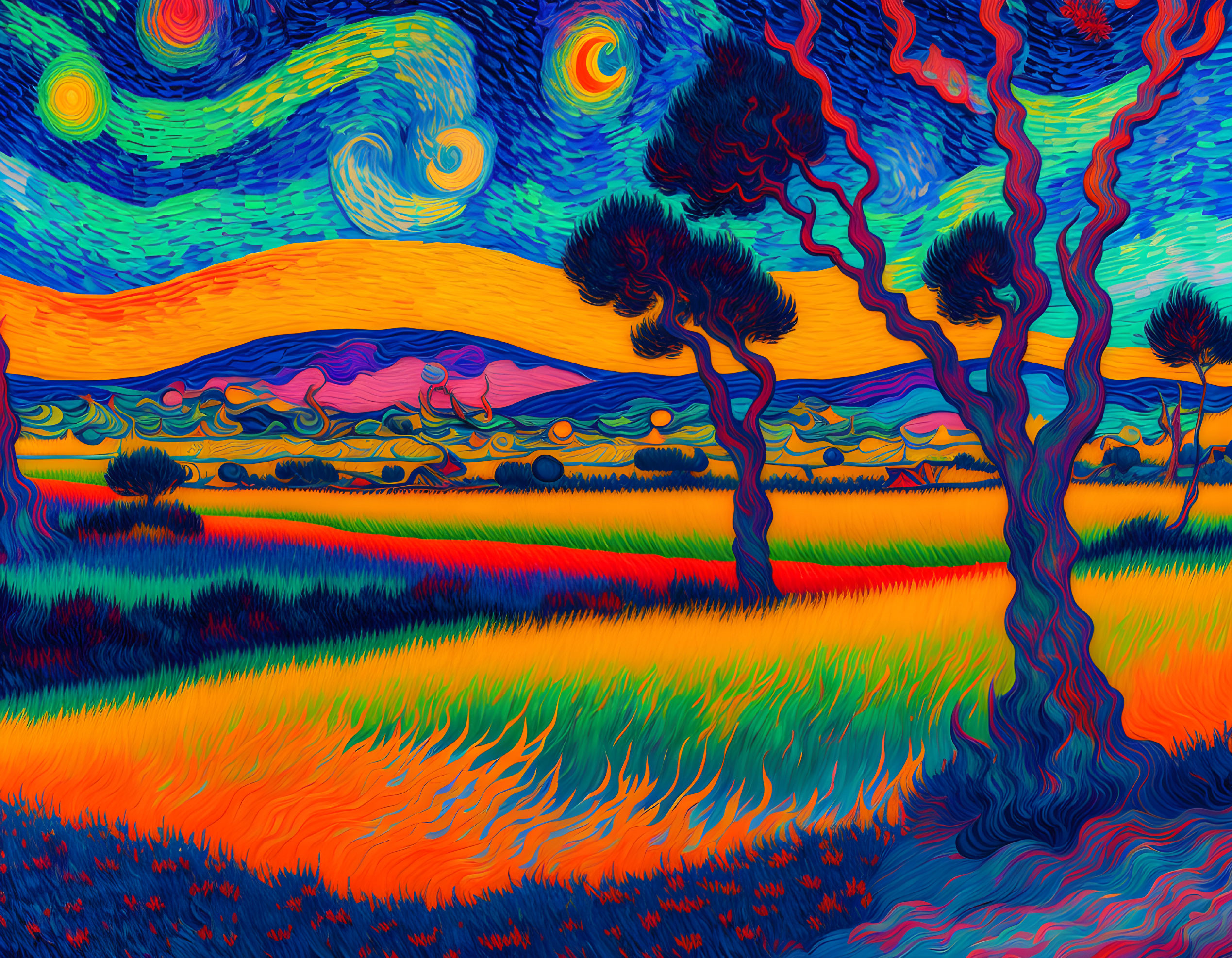 Colorful landscape painting with swirling sky and vibrant fields