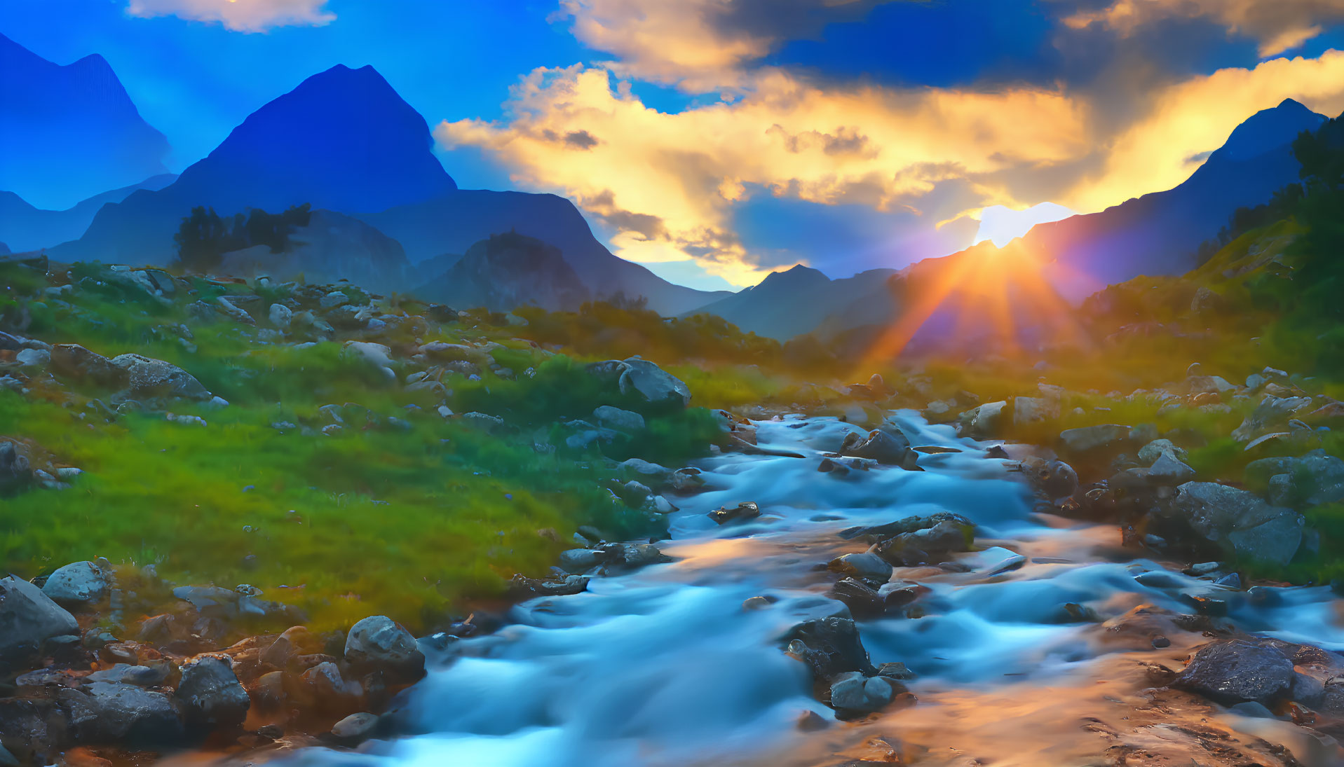 Vibrant sunset over mountainous landscape with flowing river