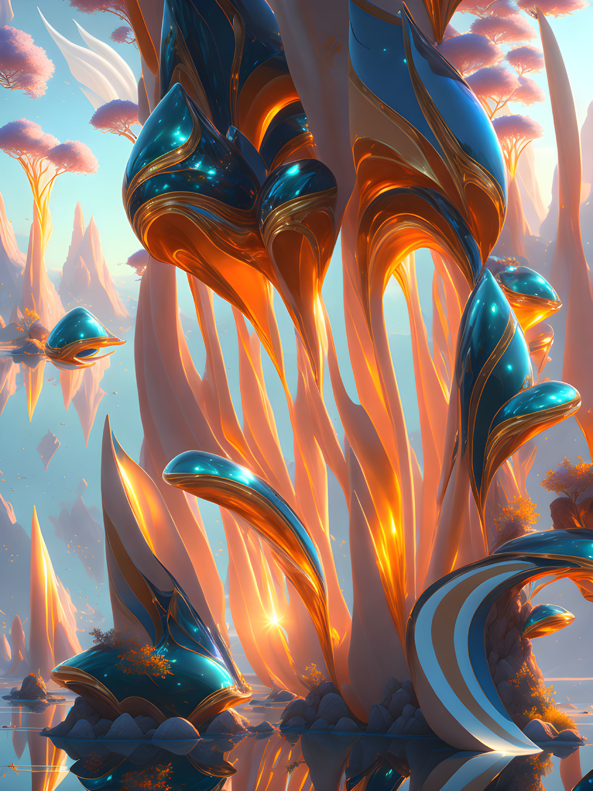 Vibrant fantasy landscape with towering alien trees and glowing trunks