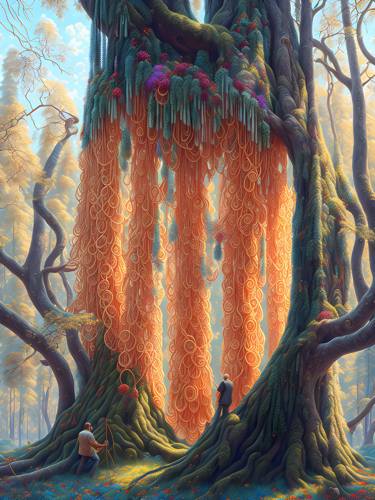 Enchanting forest scene with massive glowing tree and figures