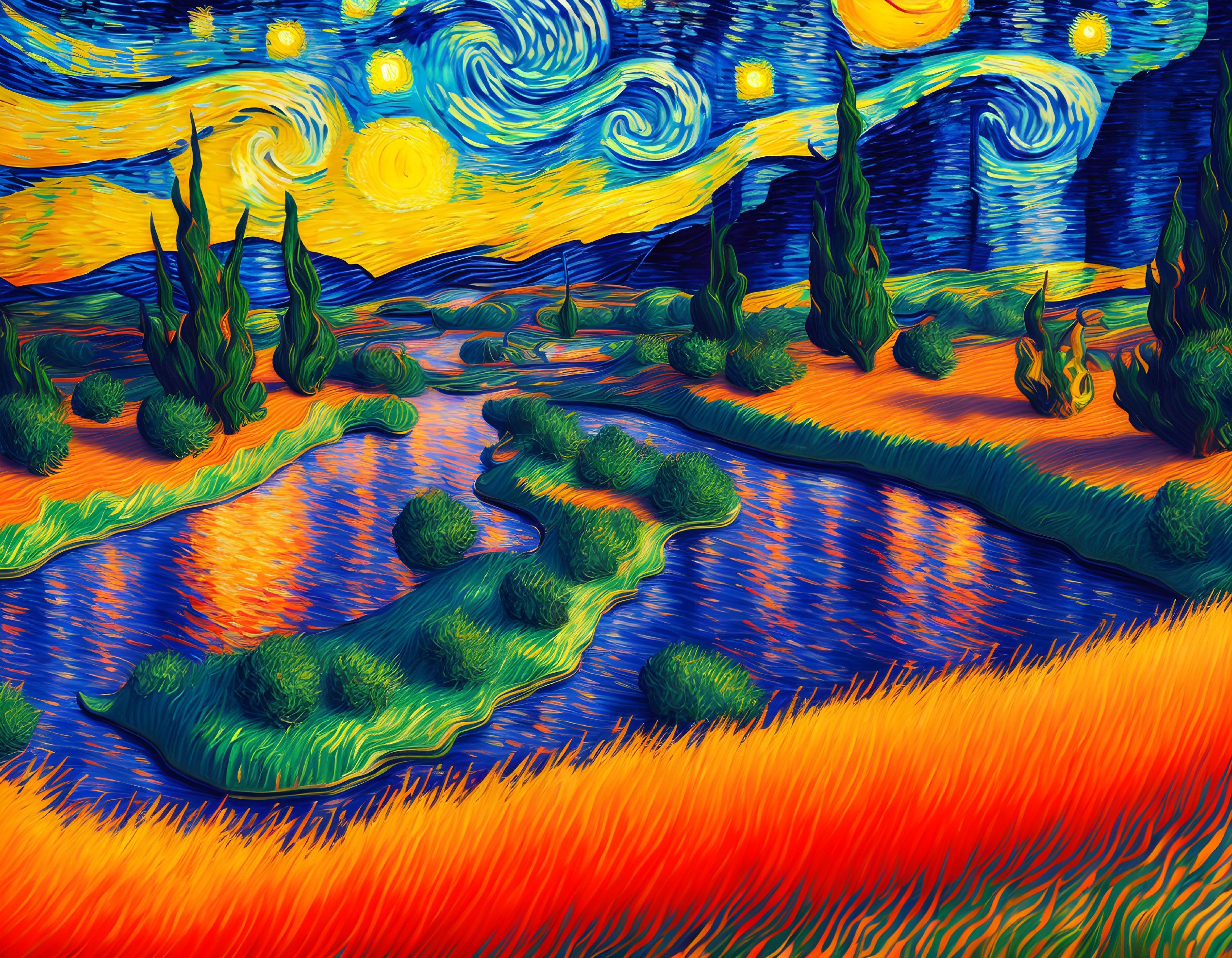 Colorful Swirl-Patterned Landscape with Starry Night Sky and River