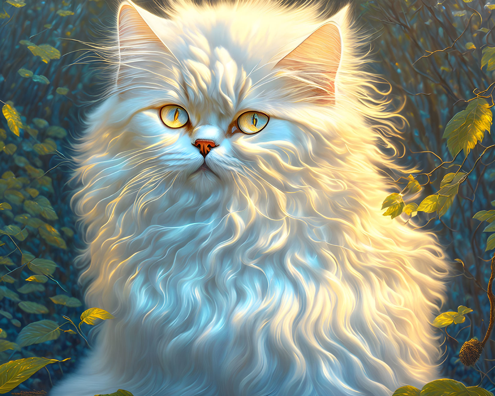 Fluffy White Cat with Amber Eyes in Green Foliage and Blue Background