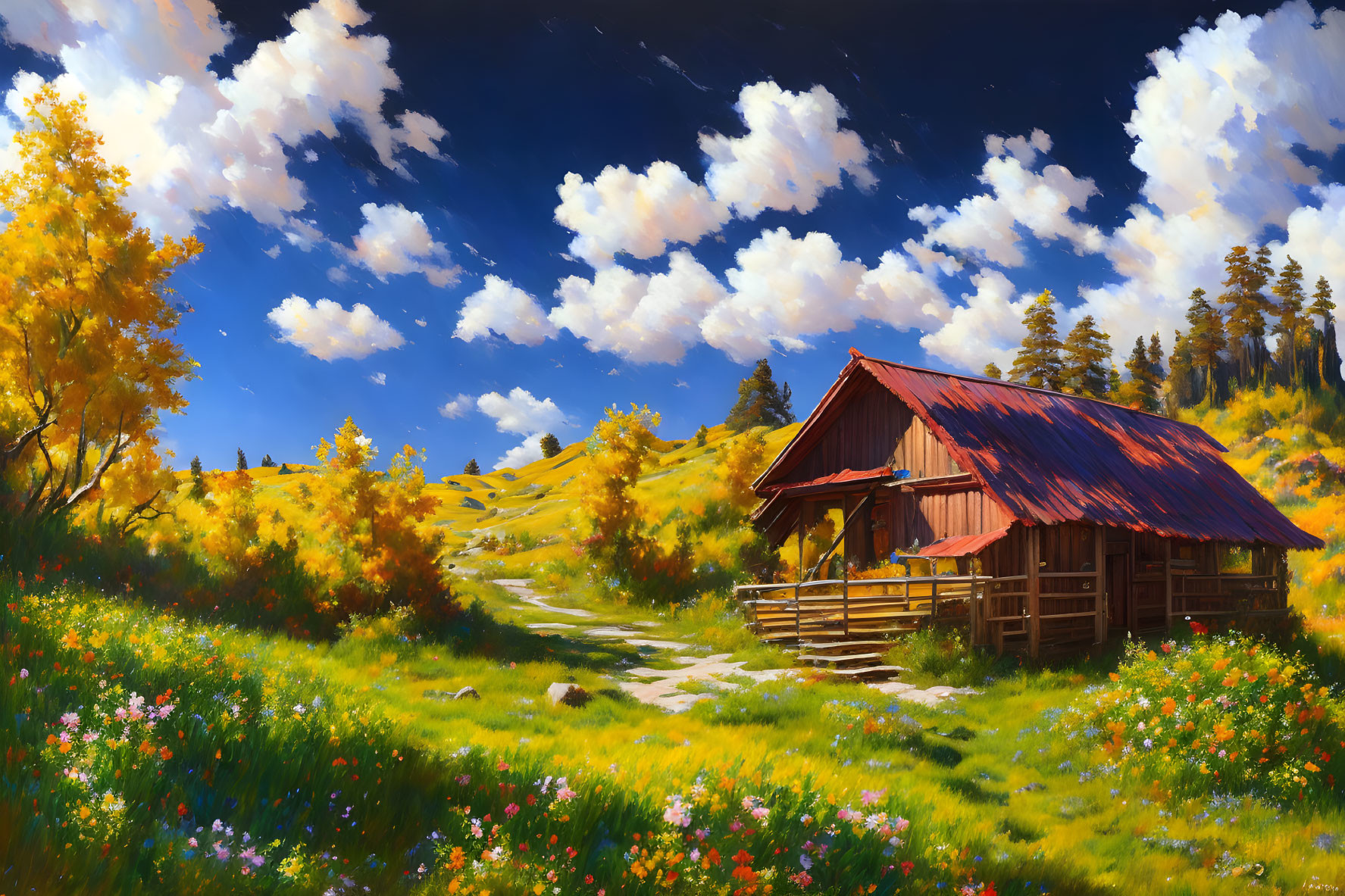 Autumn landscape: wooden cabin, yellow trees, blue sky, flower meadow