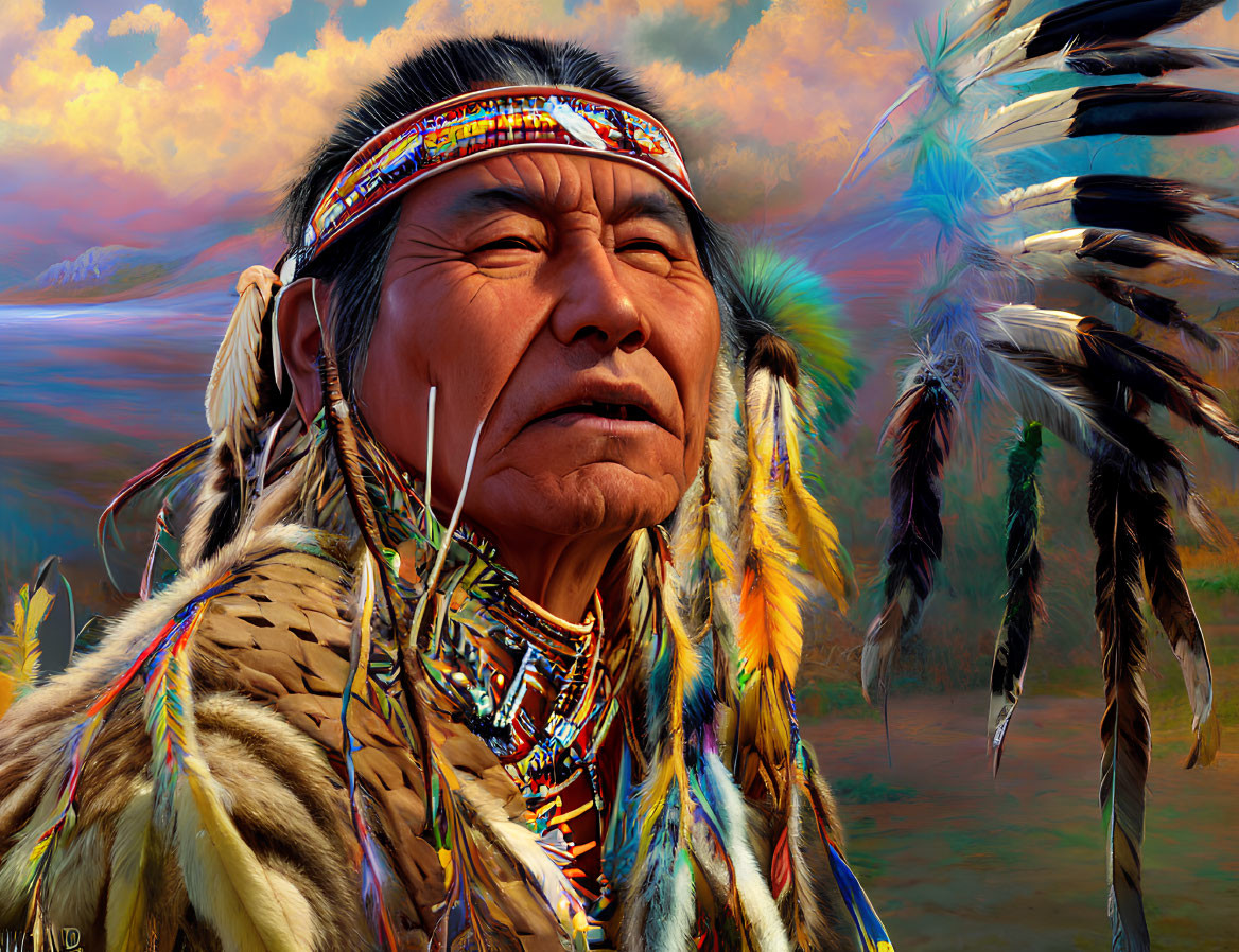 Indigenous man in traditional attire with feathered headdress against serene landscape