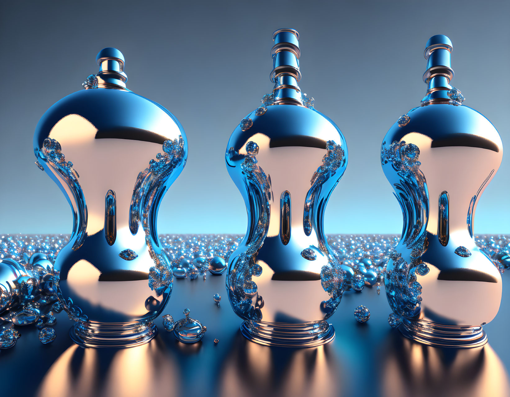 Reflective hourglass-shaped sculptures on glossy blue surface.