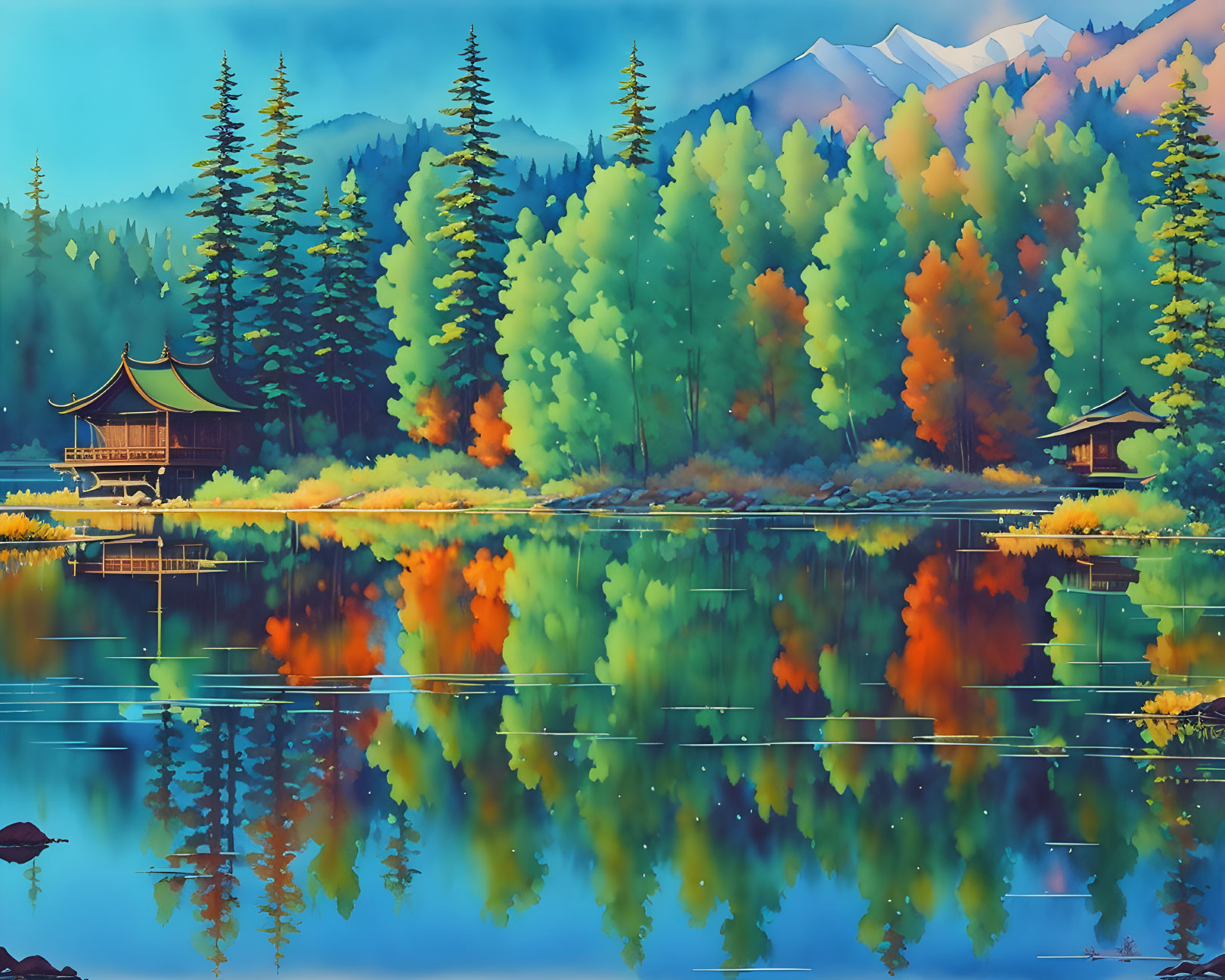 Autumnal forest landscape with lake reflection and mountains