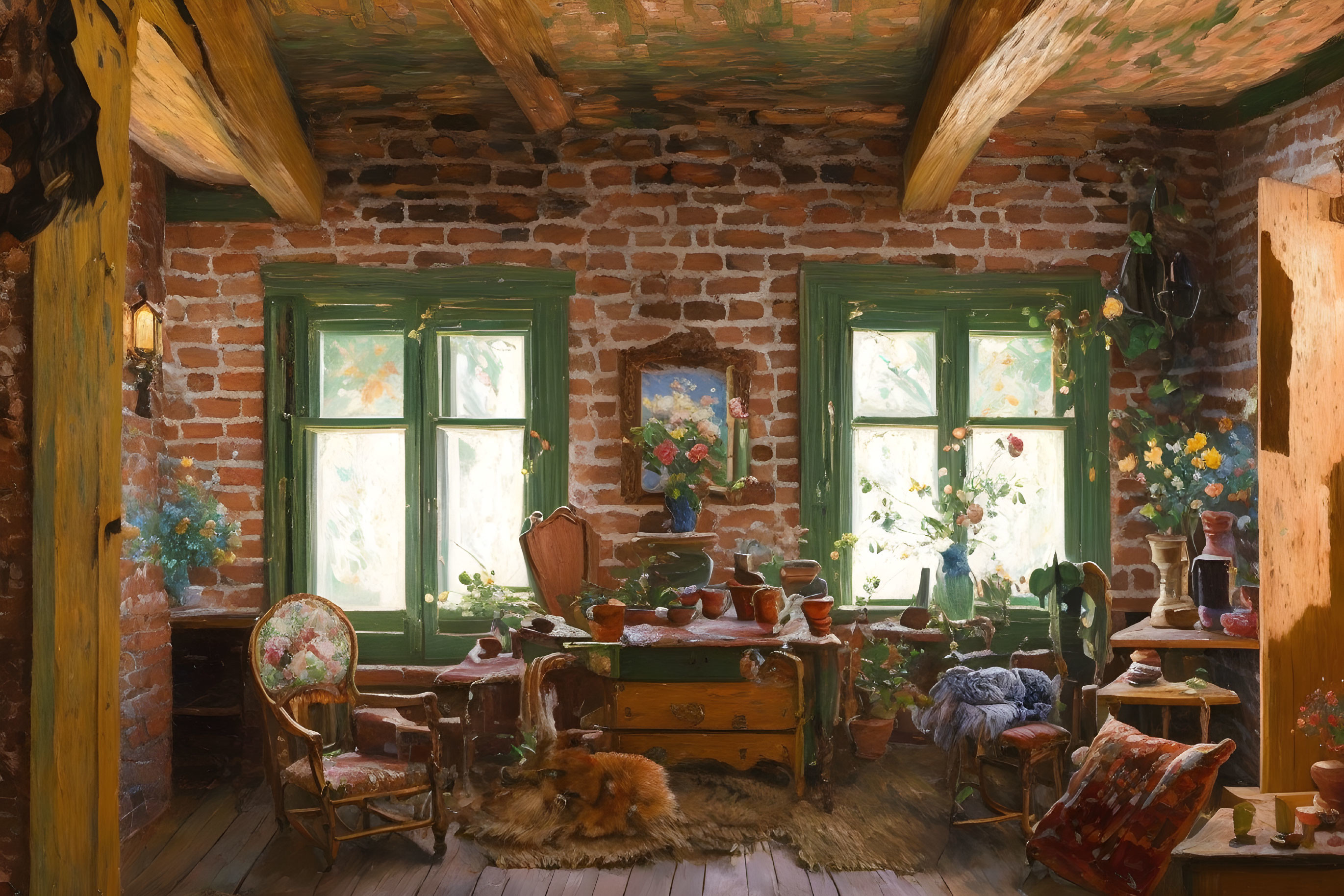 Cozy Rustic Interior with Exposed Brick Walls and Fluffy Cat