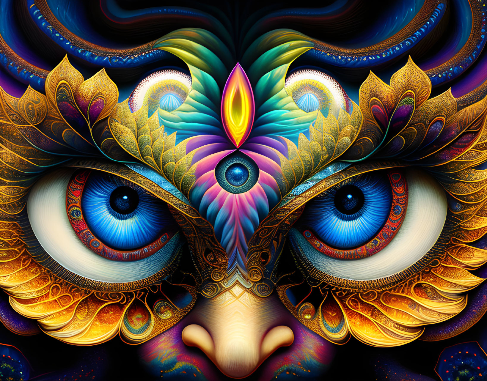 Colorful digital artwork: Intense blue eyes with intricate feather and foliage patterns