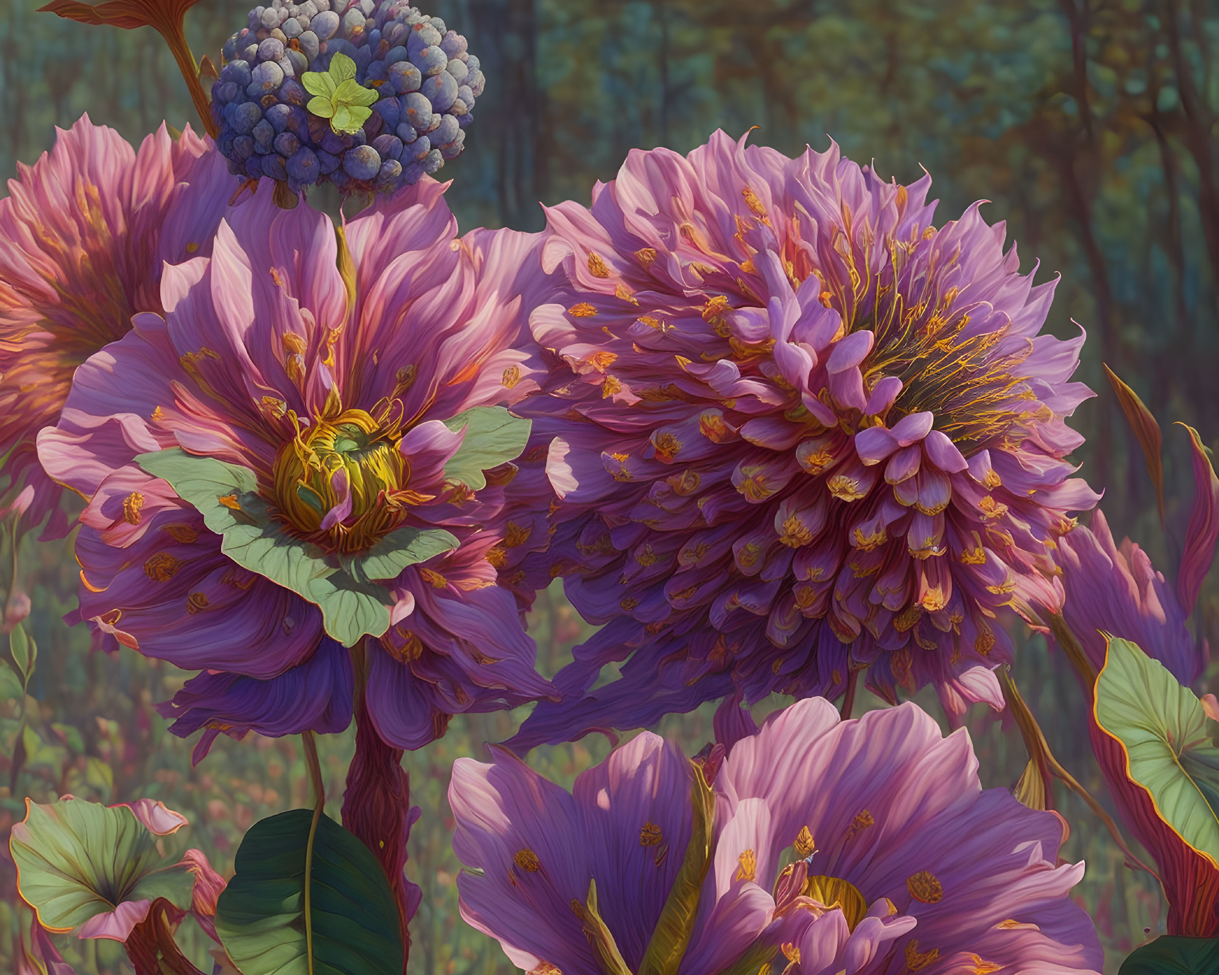 Purple Flowers and Blueberries in Forest Setting