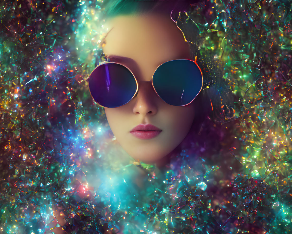 Colorful Round Sunglasses Surrounded by Sparkling Lights