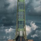 People walking on suspension bridge under towering clouds with flying plane