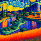 Colorful Swirl-Patterned Landscape with Starry Night Sky and River