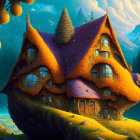 Surreal landscape with organic house and towering rock formations