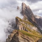 Misty cliffs and colorful foliage in dreamy landscape