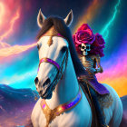 White Horse with Decorative Bridle and Skeleton in Floral Hat and Traditional Attire Against Cosmic Backdrop